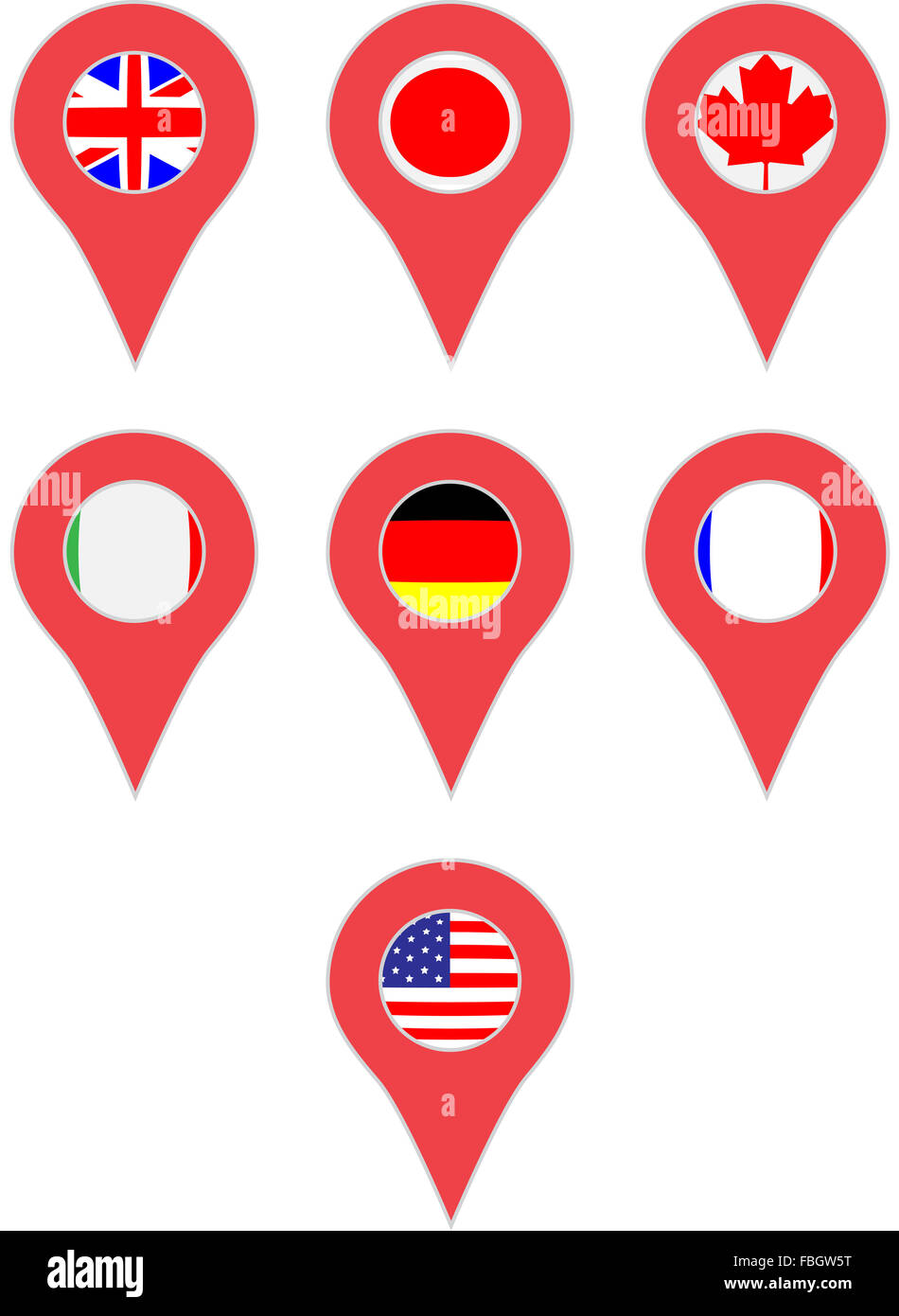 Ort Land G7 anheften. Amerika und Italien, USA und Deutschland, Frankreich und Japan und Kanada. Vektor Kunst abstrakt ungewöhnliche Stockfoto