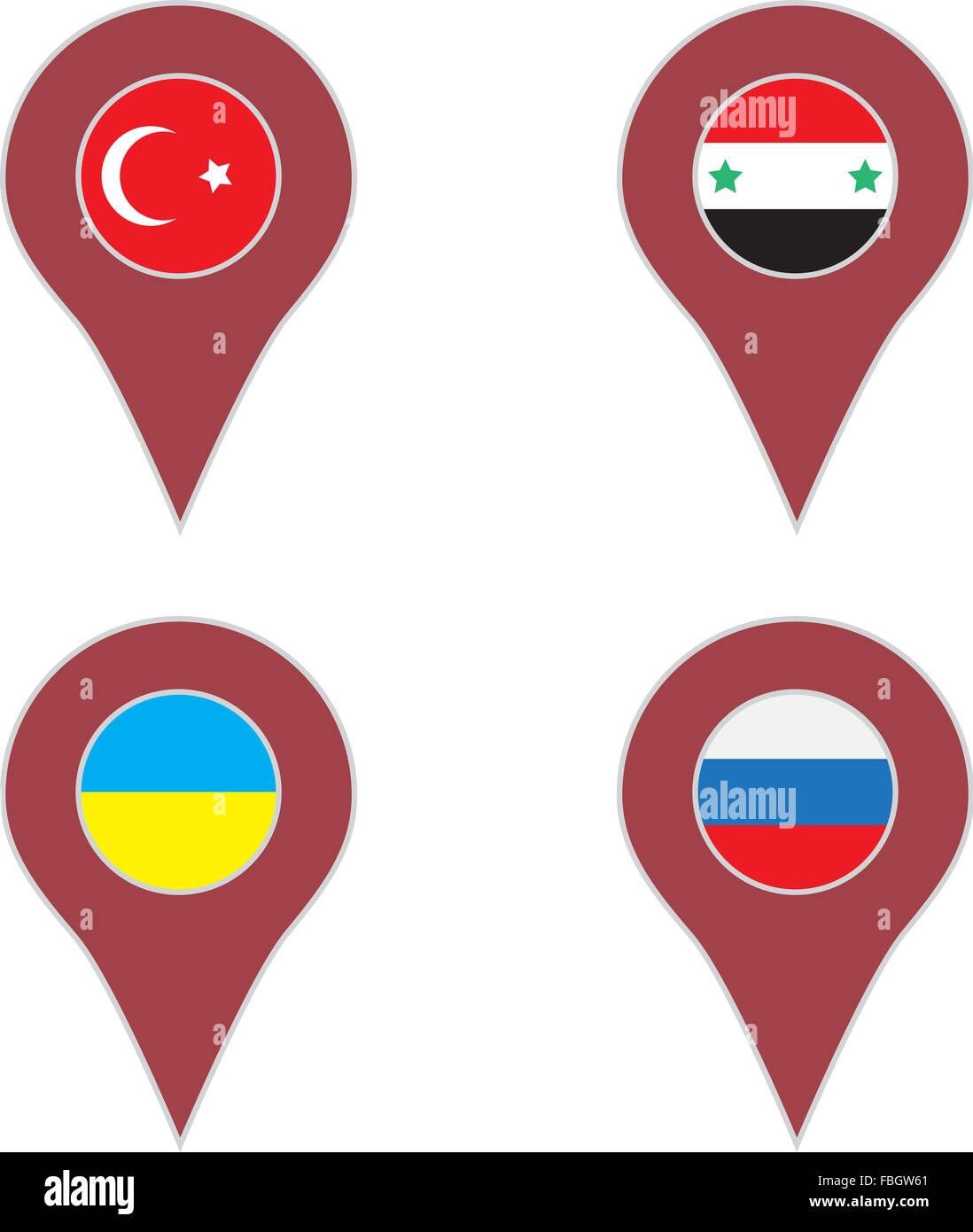 PIN-Standort-Land-Set. Türkei und Syrien, Ukraine und Russland. Vektor-Kunst-abstrakte ausgefallene Mode-illustration Stockfoto