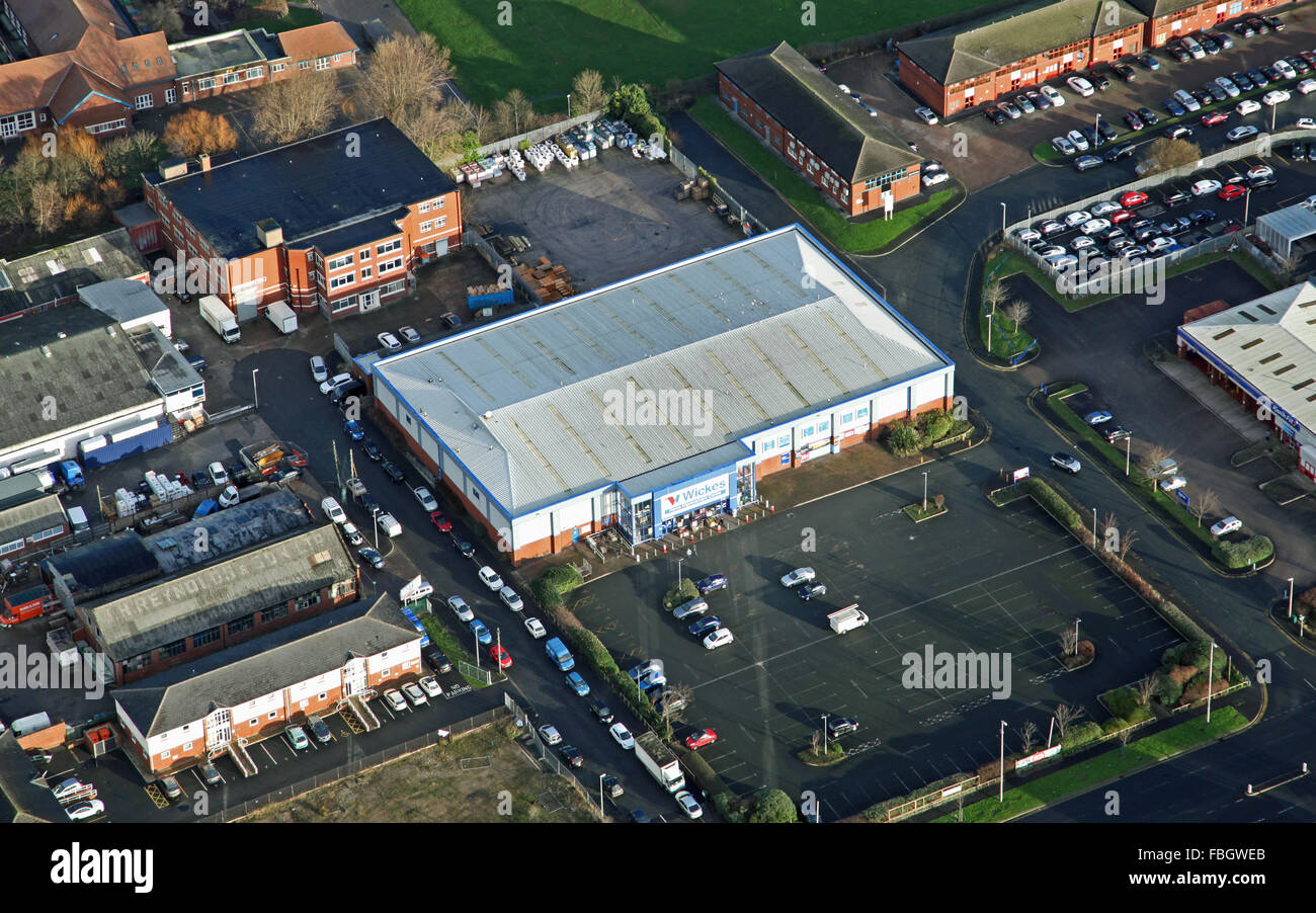 Luftaufnahme von Wickes DIY Bau Kaufleute in Blackpool, Großbritannien Stockfoto