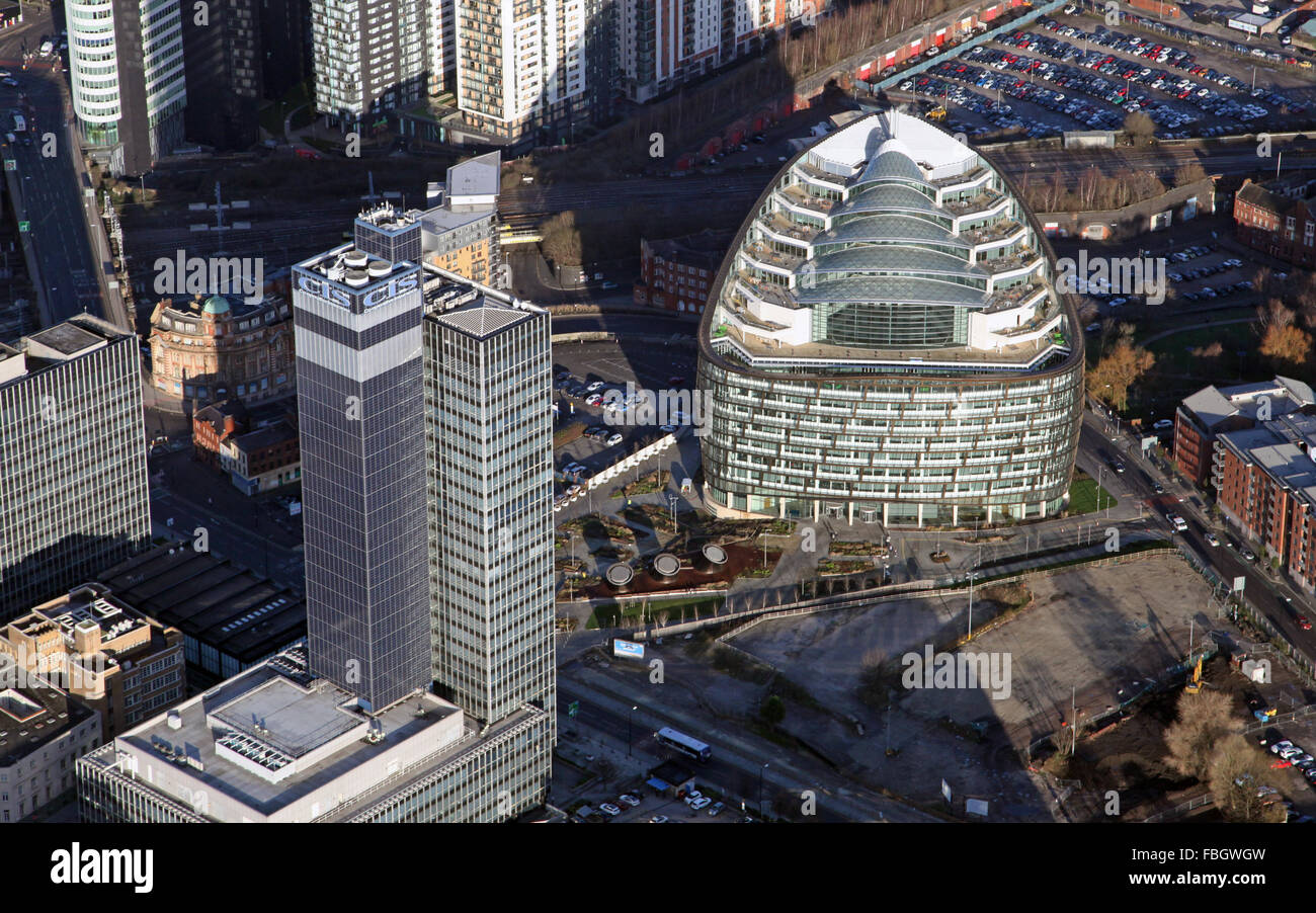 Luftaufnahme des GUS-Turms und One Angel Square, Manchester, UK Stockfoto
