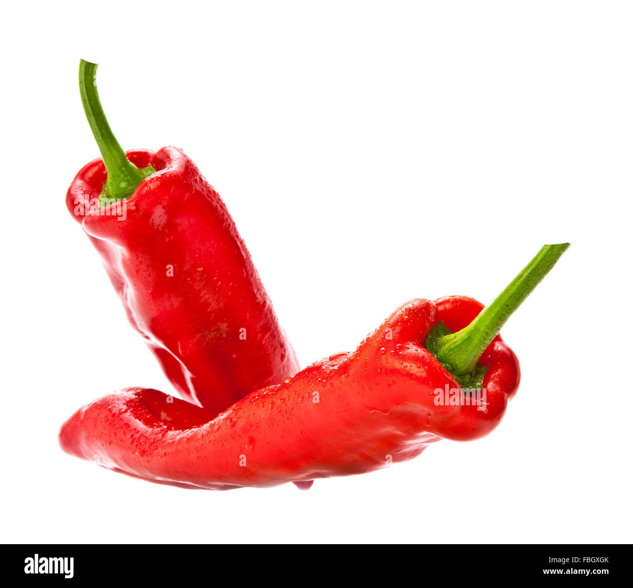 Zwei rote Paprika auf weißem Hintergrund Stockfoto