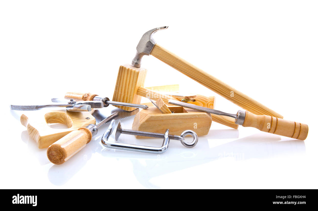 Handwerkzeuge für die Holzbearbeitung auf weißem Hintergrund Stockfoto