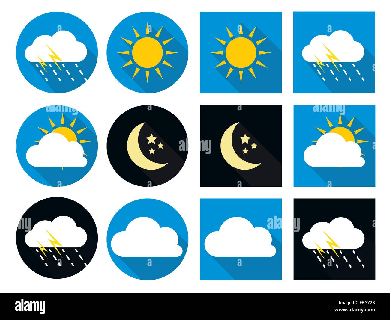 Wetter-Icons mit Wolke, Regen, Sonne und Mond im flachen Stil Stock Vektor