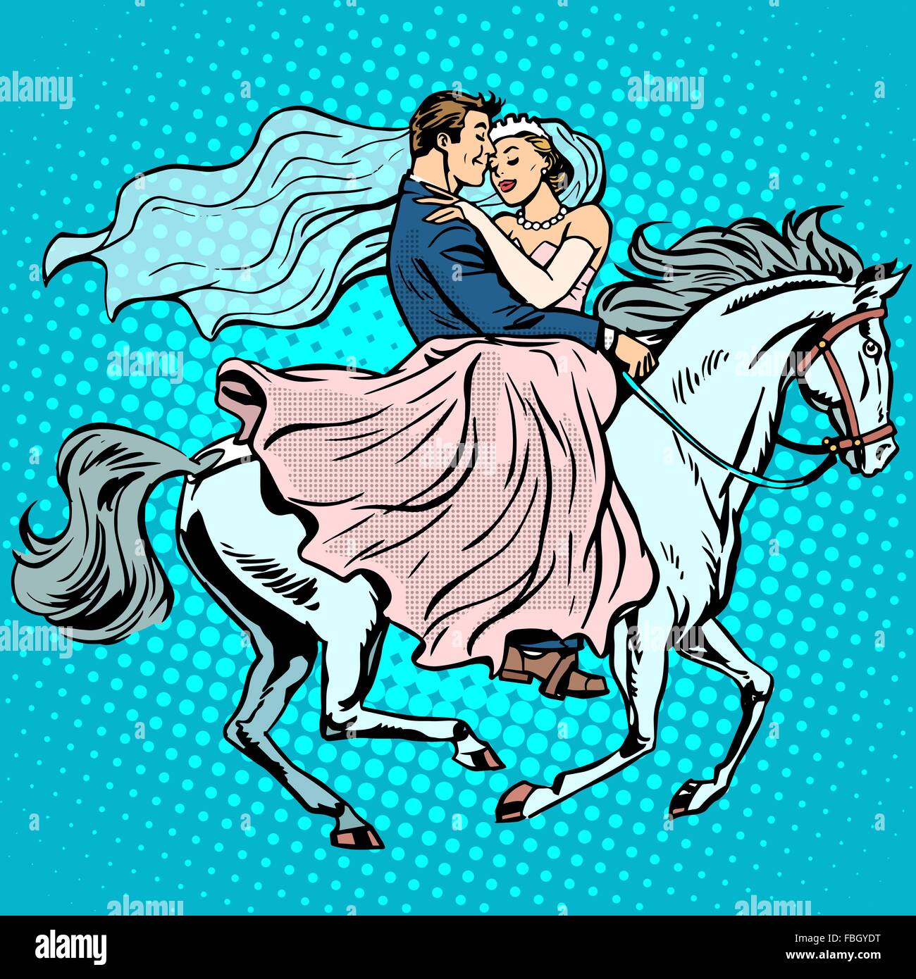Braut und Bräutigam weißes Pferd Liebe Hochzeit Romantik Stock Vektor