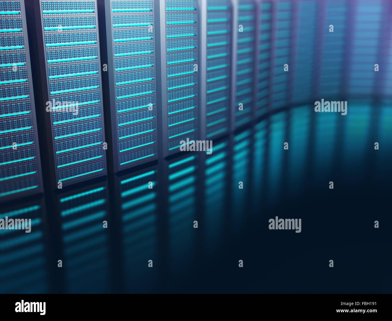 Server, aufgereiht auf einem abstrakten Hintergrund. Abstraktes Bild auf Technologie-Konzept. Stockfoto
