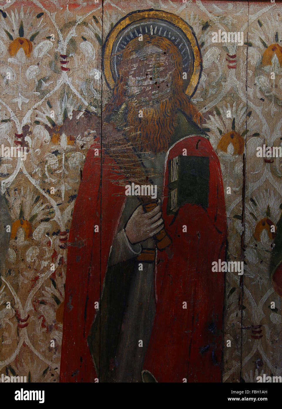 Gemalte Heiligen auf dem Lettner, Bartholomäus Apostel mit einem Messer, viel unkenntlich gemacht; St Michaels Kirche, Irstead, Norfolk Stockfoto