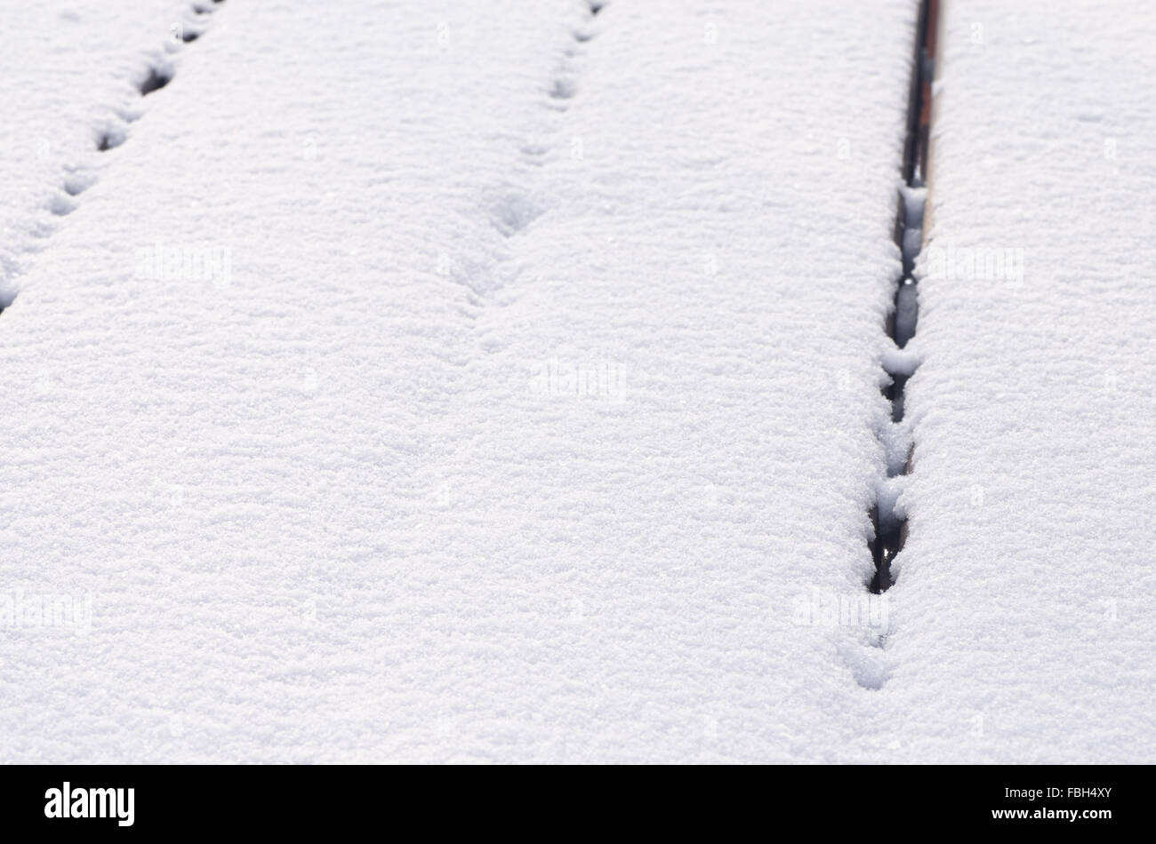 Closeup, leere Tabelle mit Schnee bedeckt Stockfoto
