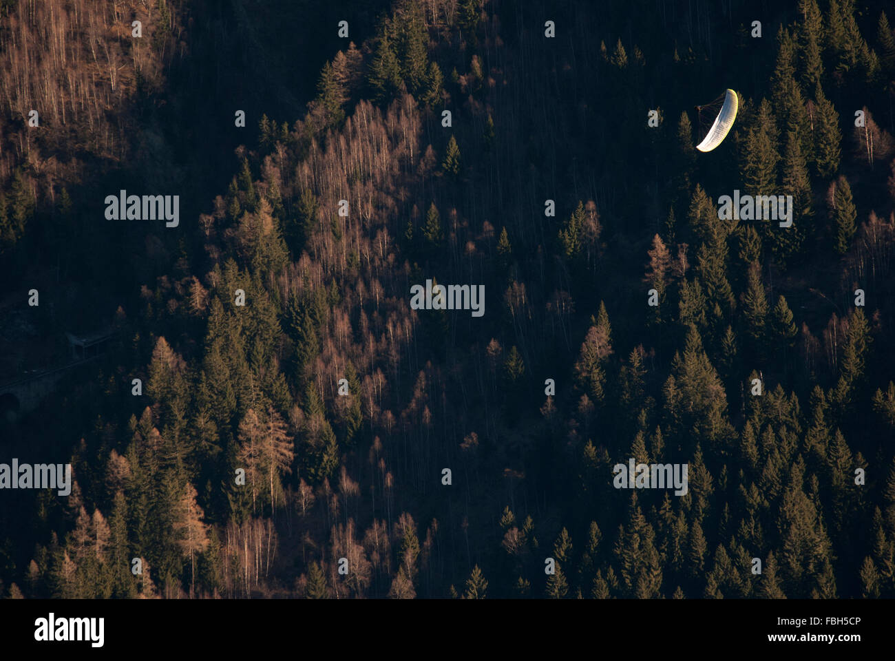 Gleitschirmpiloten Durchführung teilweise Wingovers oben bewaldeten Hängen des Mt Blanc Stockfoto