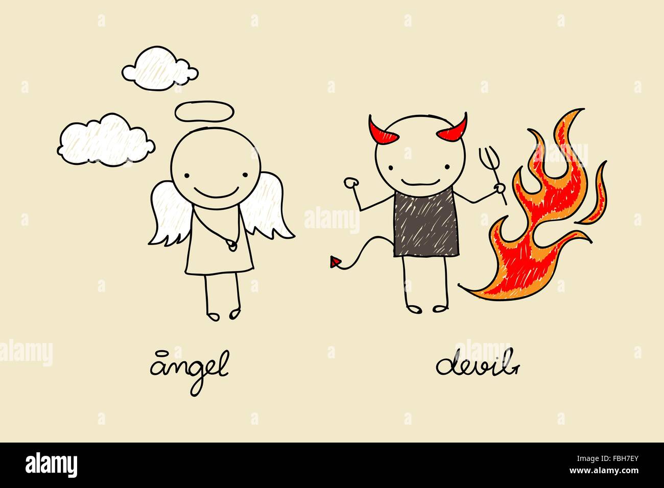 Kindliche Zeichnung mit niedlichen Teufel und Engel mit Flammen und Wolken Stock Vektor