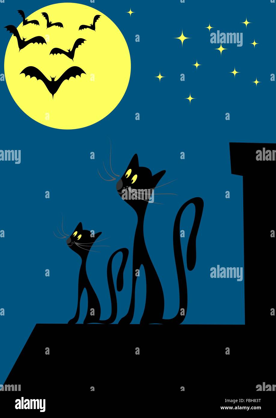 Katzen auf dem Dach Vektor-Illustration mit Nacht Himmelshintergrund und Fledermäuse - für Halloween. Stock Vektor