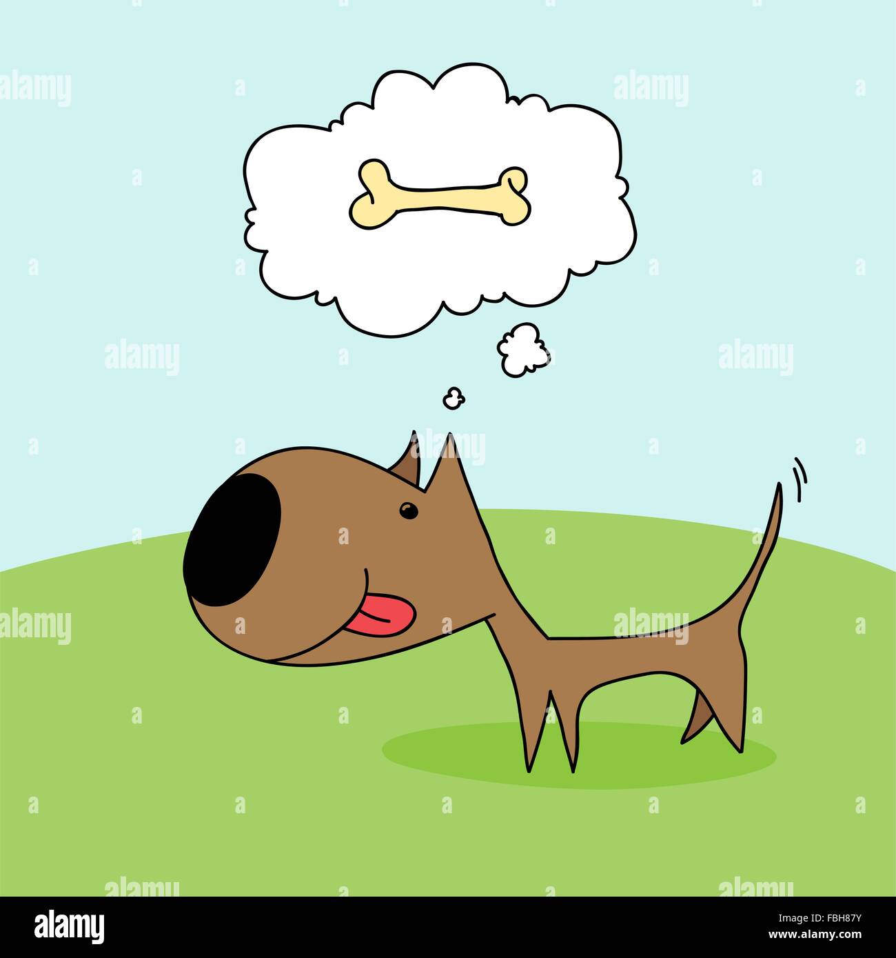 Niedlichen Cartoon Hund wedelt seinen Schweif und zum Nachdenken über einen Knochen. Stock Vektor