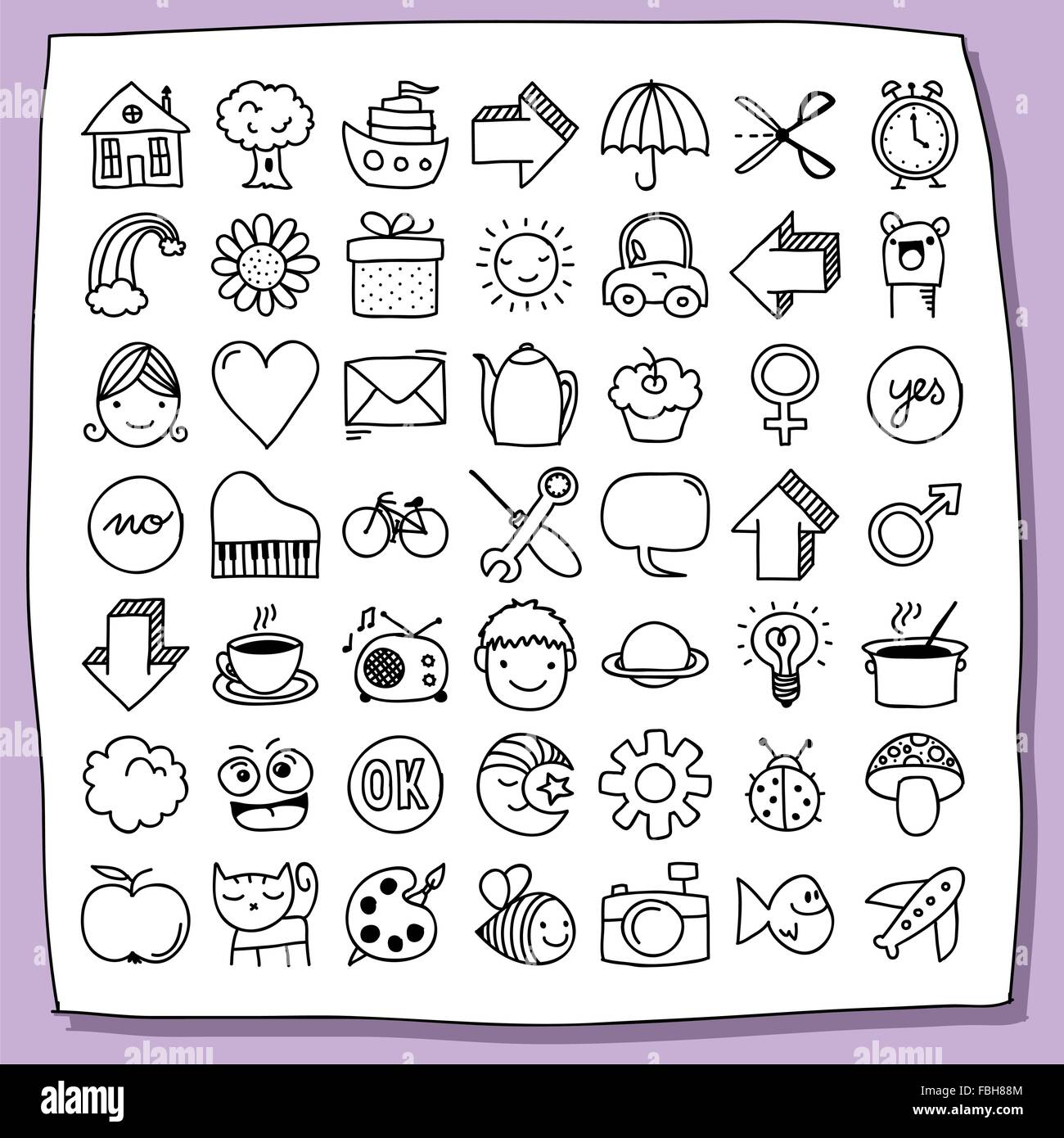 Sammlung von fast fünfzig niedlich doodle Symbole, vor allem für Kinder Stock Vektor