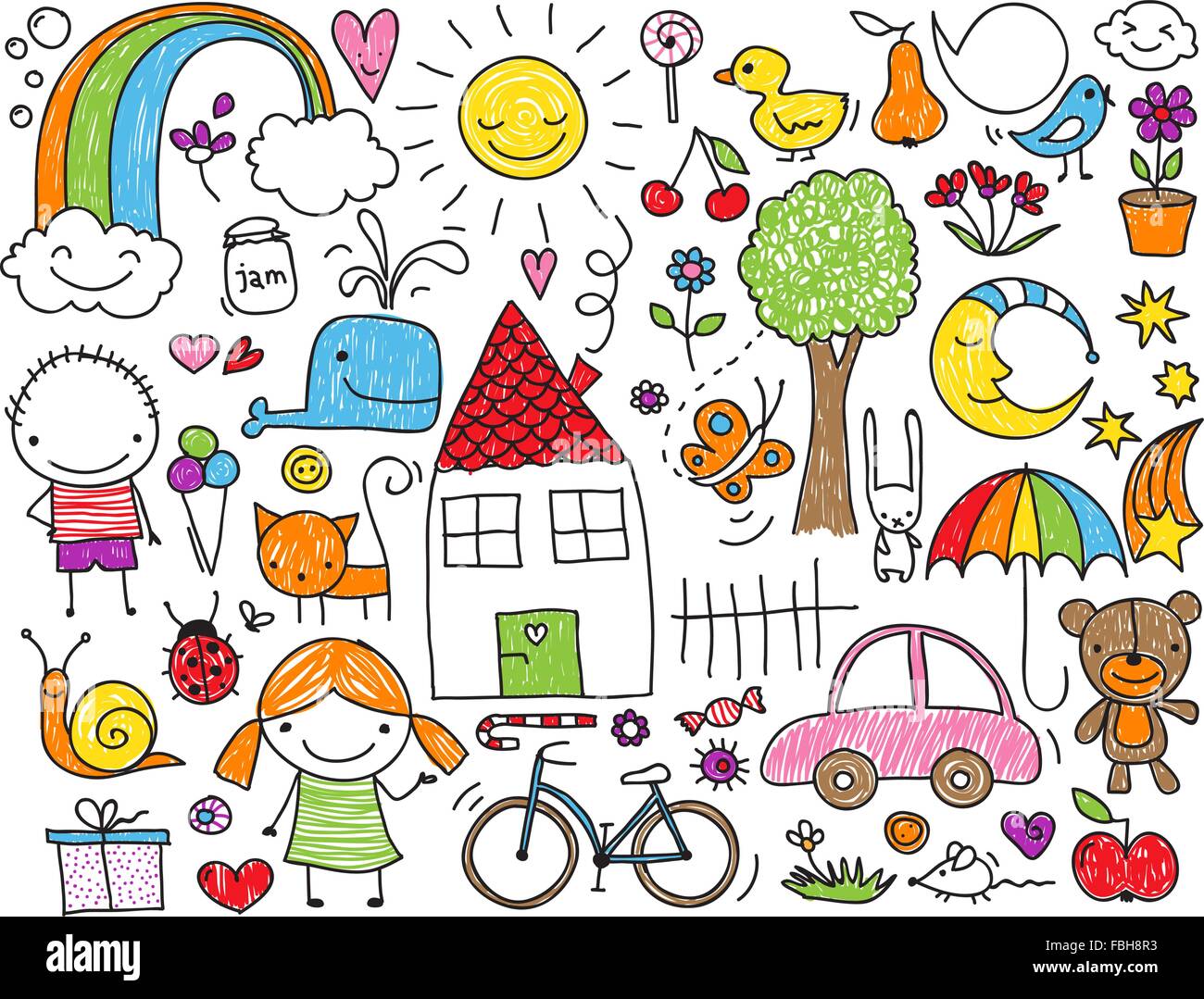 Sammlung von niedlichen Kinder Zeichnungen der Kinder, Tiere, Natur