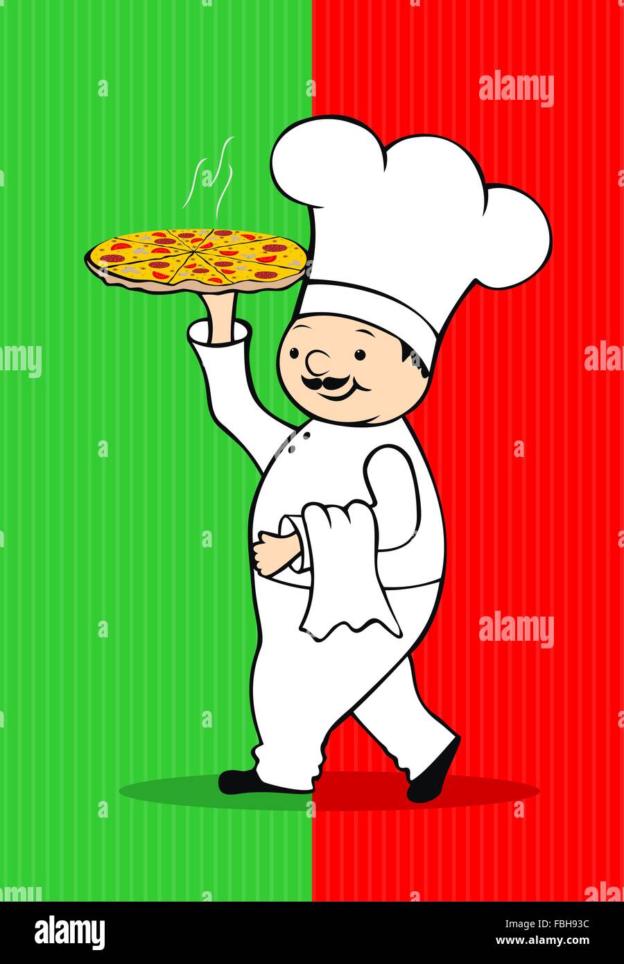 Niedlichen Cartoon Chef liefert eine frisch gebackene Pizza. Stock Vektor