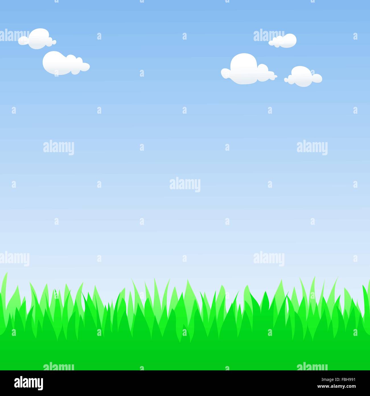 Frühling-Feld mit Cartoon Rasen, blauer Himmel und ein paar Wolken