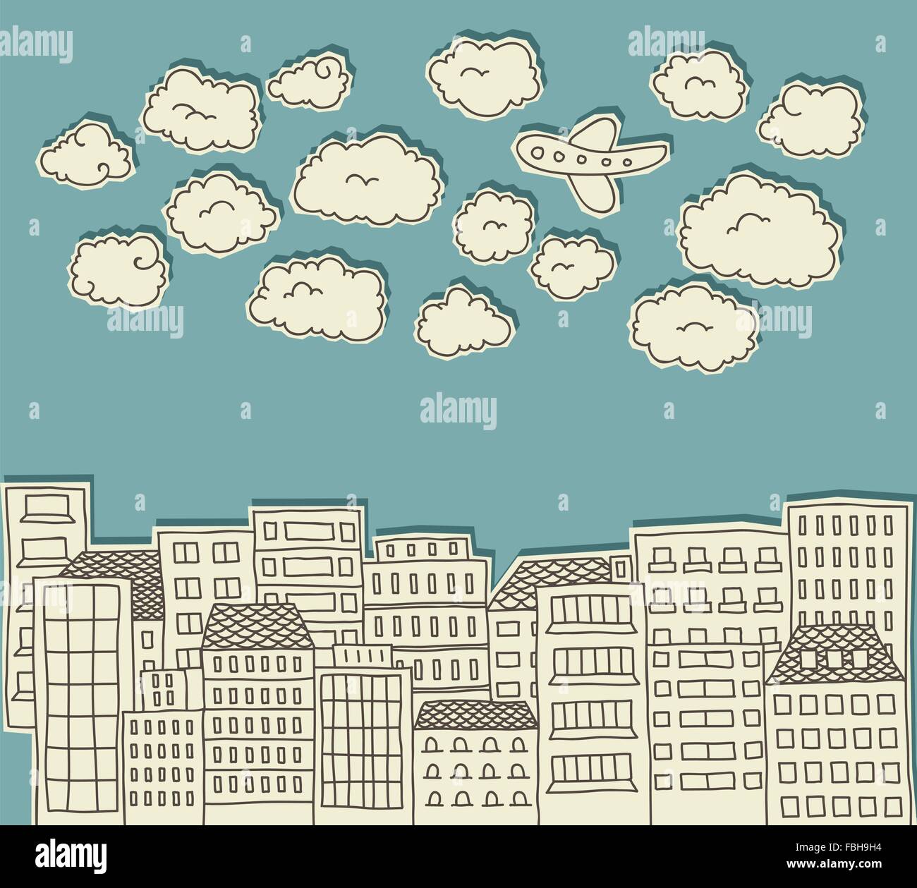 Papier-Ausschnitt doodle, einer Stadt mit Wolken und ein Flugzeug oben Stock Vektor
