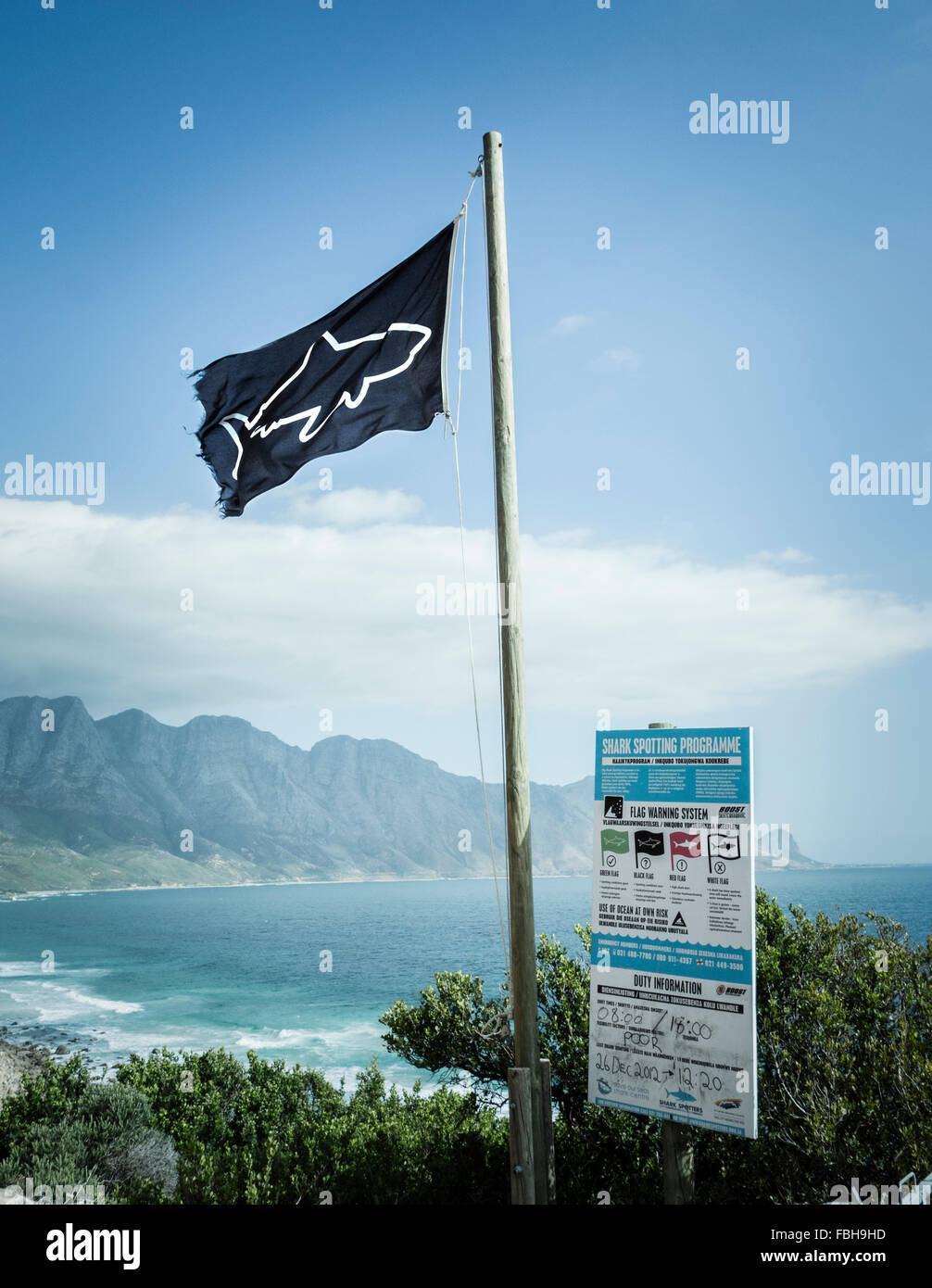 Südafrika, Kapregion, Küste, False Bay, Flagge, Hai, Warnung, Stockfoto