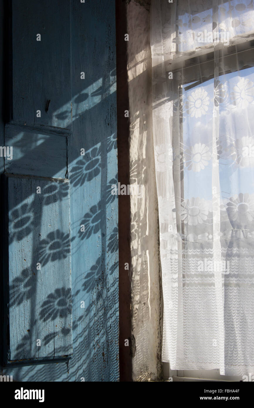 Fenster, Schatten, Vorhang, Landhaus, Blumen, Holz, Texturen, Sonne, Licht Stockfoto