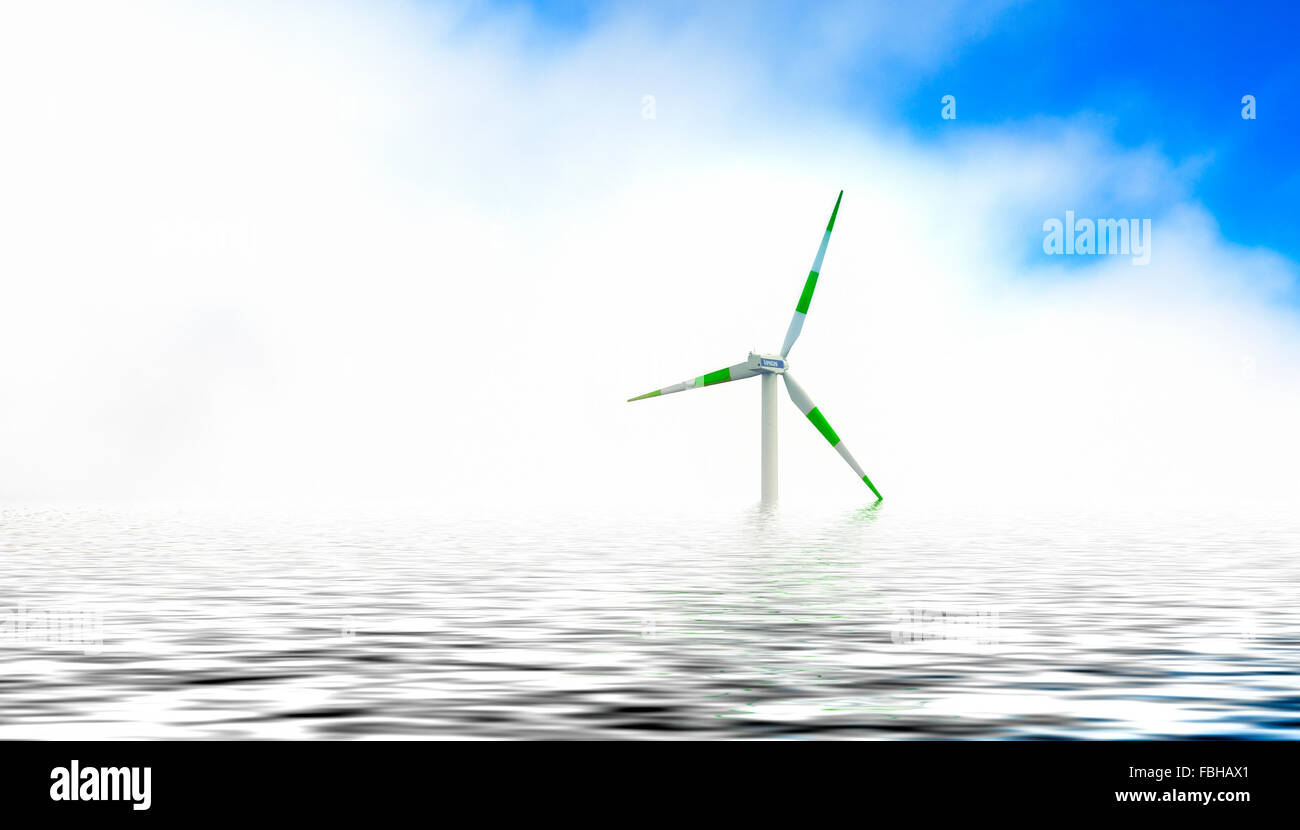 Windkraftanlagen auf einen Windpark in Madeira Portugal mit einem digitalen Meer hinzugefügt. Stockfoto