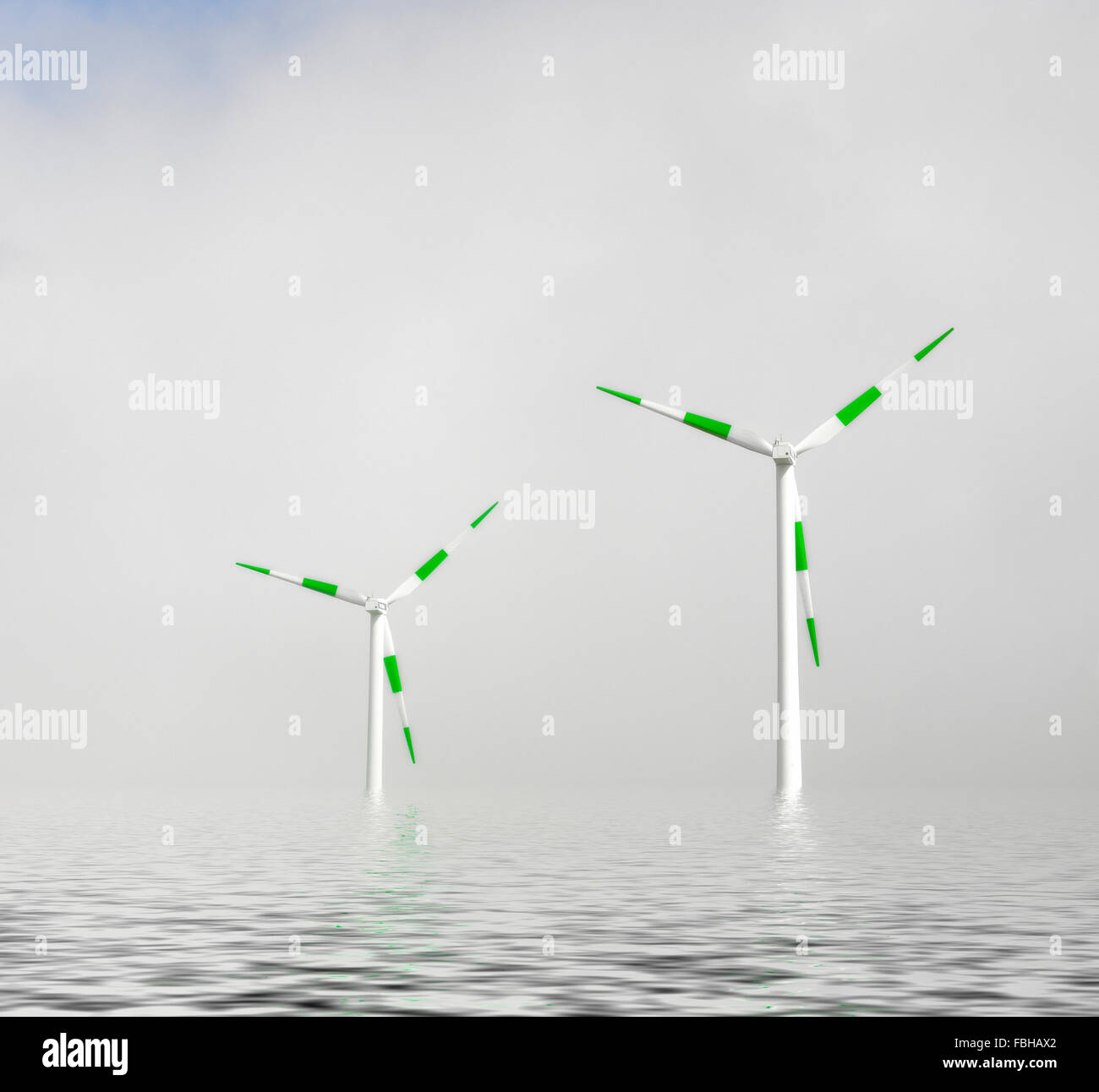 Windkraftanlagen auf einen Windpark in Madeira Portugal mit einem digitalen Meer hinzugefügt. Stockfoto