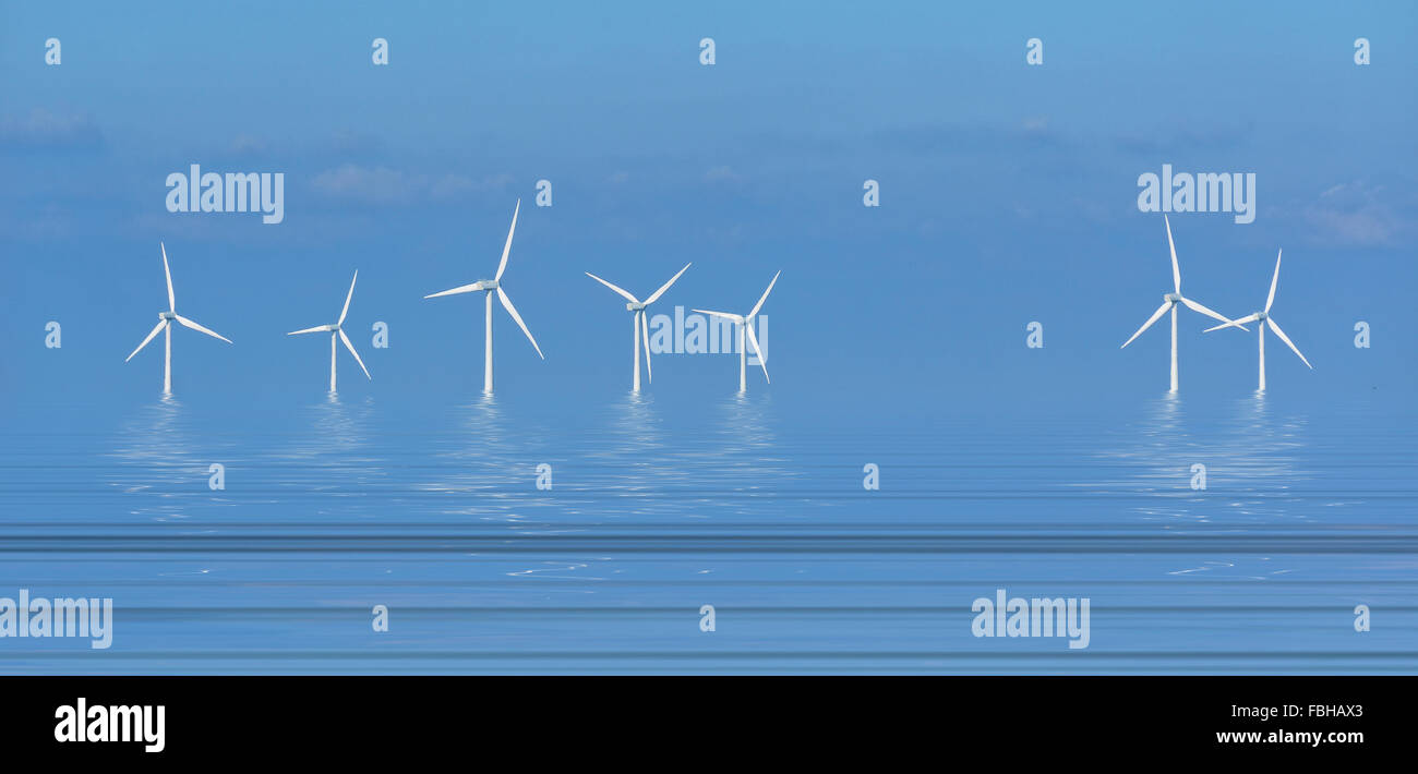 Windkraftanlagen auf einen Windpark im Vereinigten Königreich mit einem digitalen Meer hinzugefügt. Stockfoto