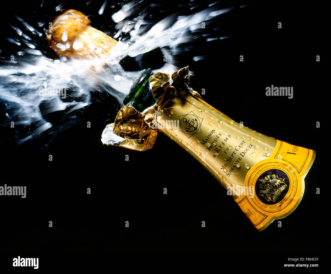 Veuve Clicquot Champagner-Korken knallend, London, England, Vereinigtes Königreich Stockfoto