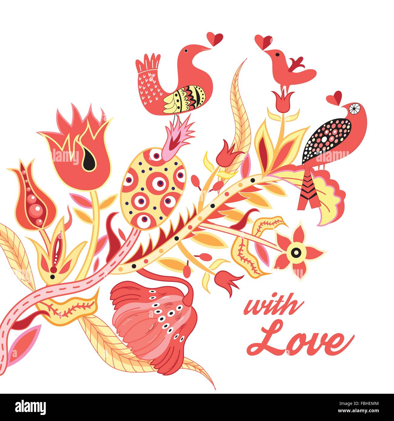 Festliche schönes Plakat für den Valentinstag mit einer Vielzahl von Pflanzen und Vögel Stock Vektor