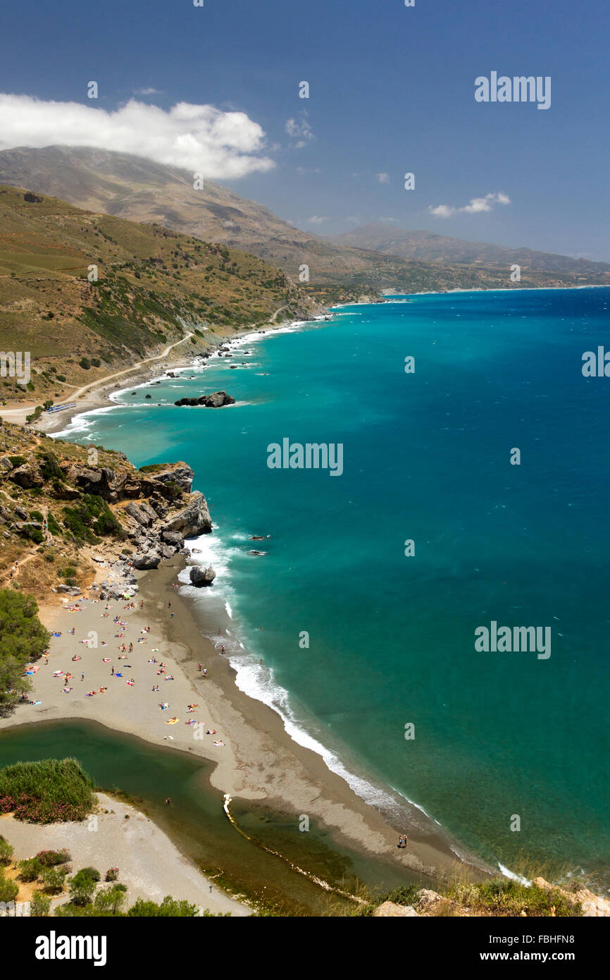 Blick auf berühmte Preveli Palmenstrand, Rethymno, Kreta, Südgriechenland Stockfoto