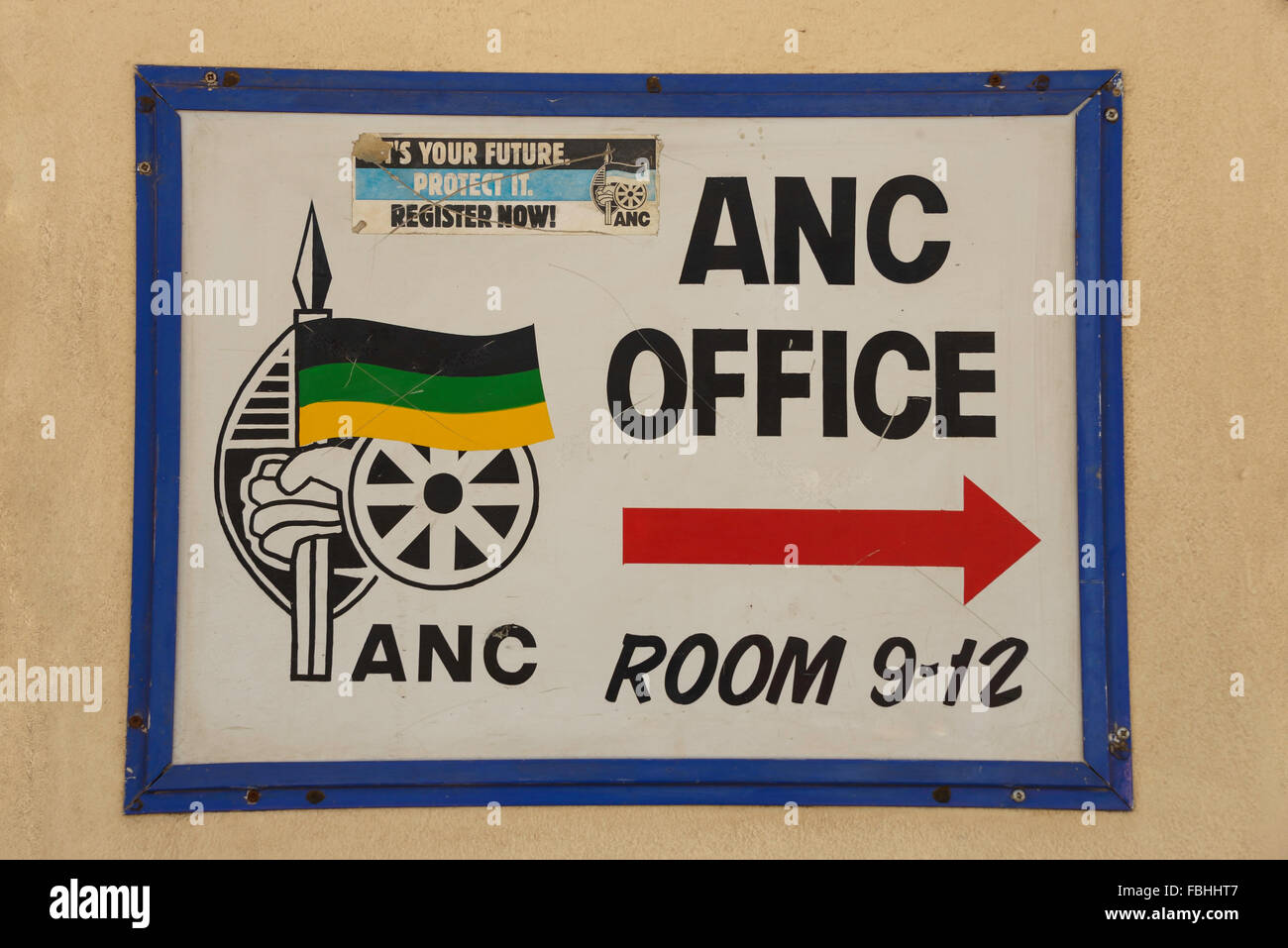 ANC-Büro-Schilder, Eric Loue St, Vanderbijlpark, Emfuleni Metropolitan Municipality, Provinz Gauteng, Südafrika Stockfoto