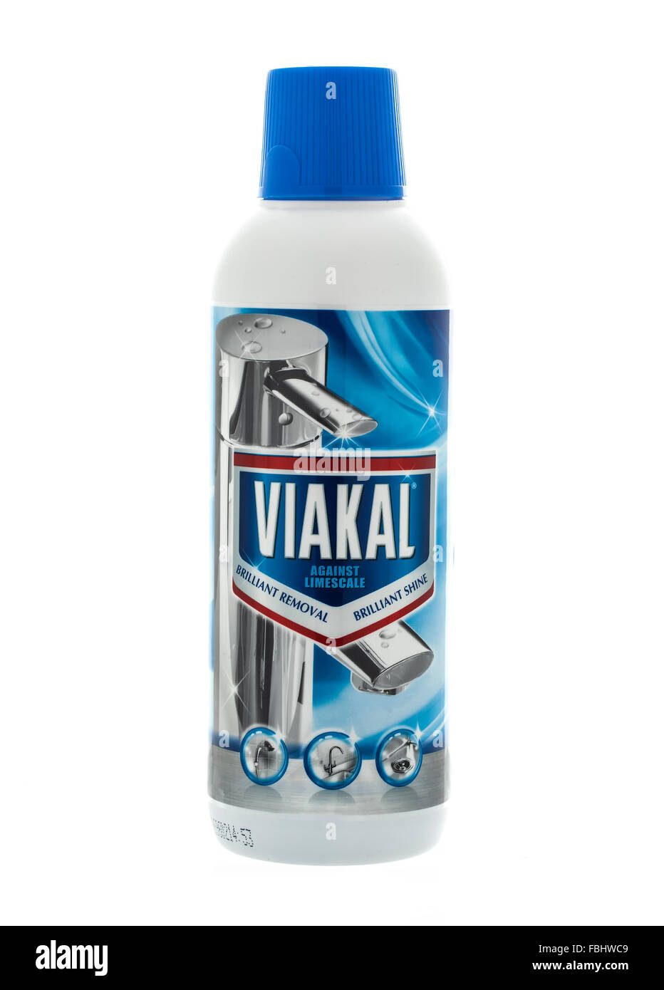 Flasche Viakal Limescale Reiniger auf weißem Hintergrund Stockfoto