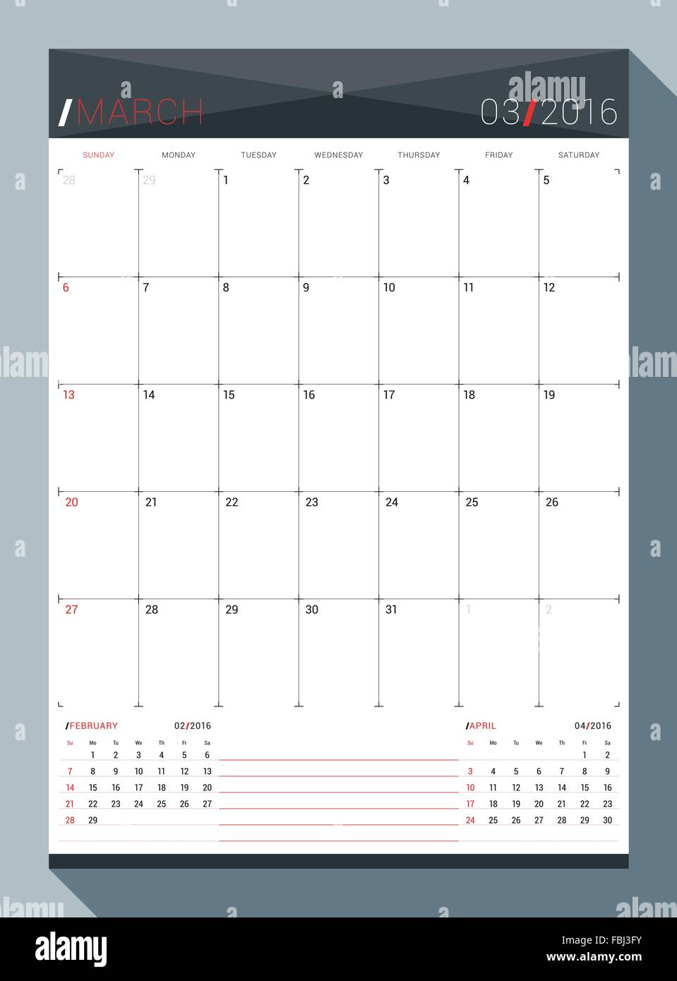 Marz 16 Vector Design Druckvorlage Monatlichen Kalender Planer Fur 16 Jahr 3 Monate Auf Seite Woche Beginnt Sonntag Stock Vektorgrafik Alamy