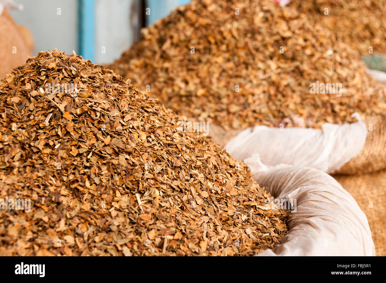 Getrockneten Tabakblätter auf dem indischen Markt Stockfoto