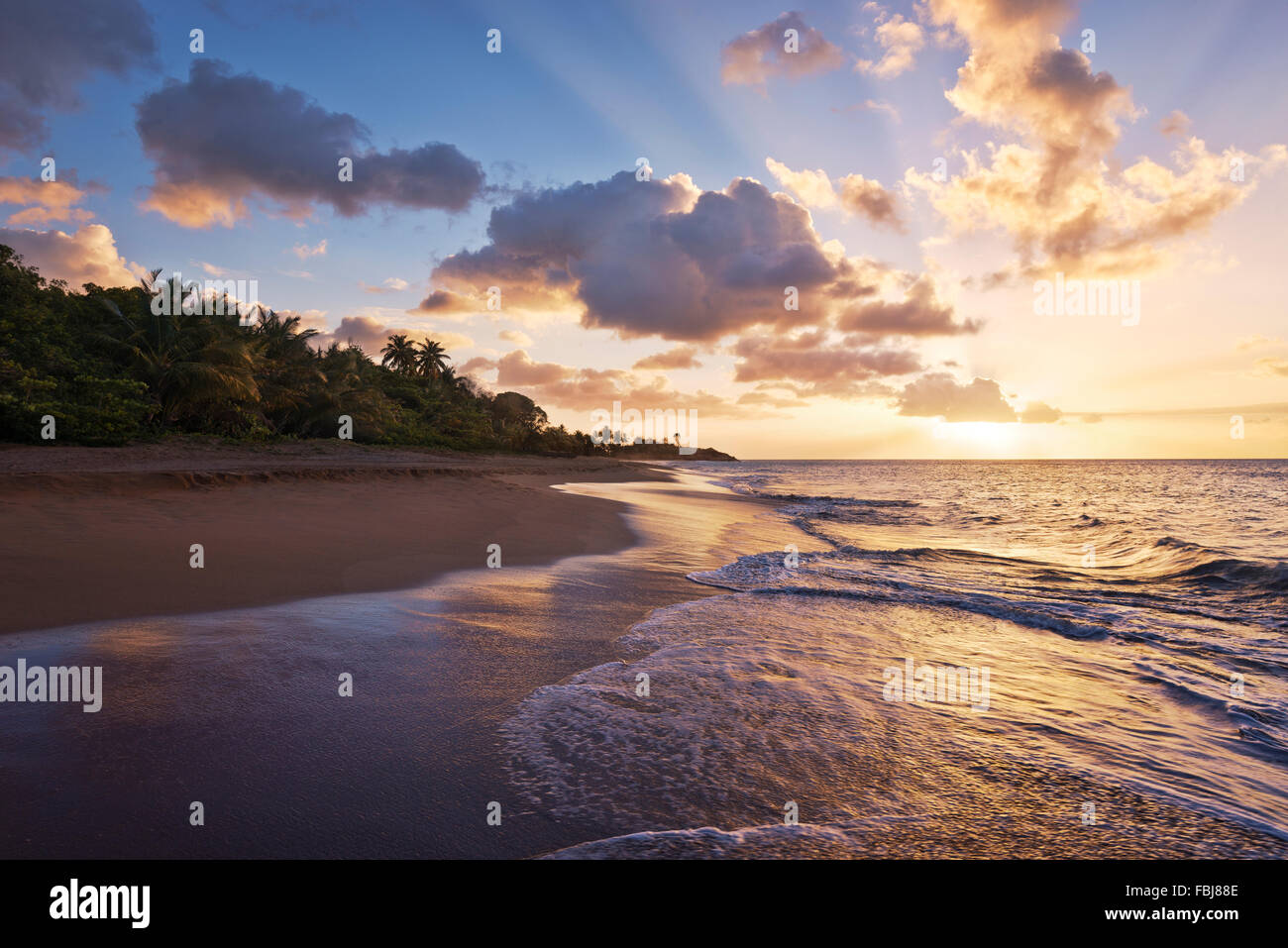 Die Caribbean, Guadeloupe, Insel, Perlen, Strand, Meer, Palmen, tropische, sunset, episch, Stimmung, Farbe, Wolken, Wellen, Brandung, Reflexion, Licht, Panorama, Urlaub, Paradies, Landschaft, Stockfoto