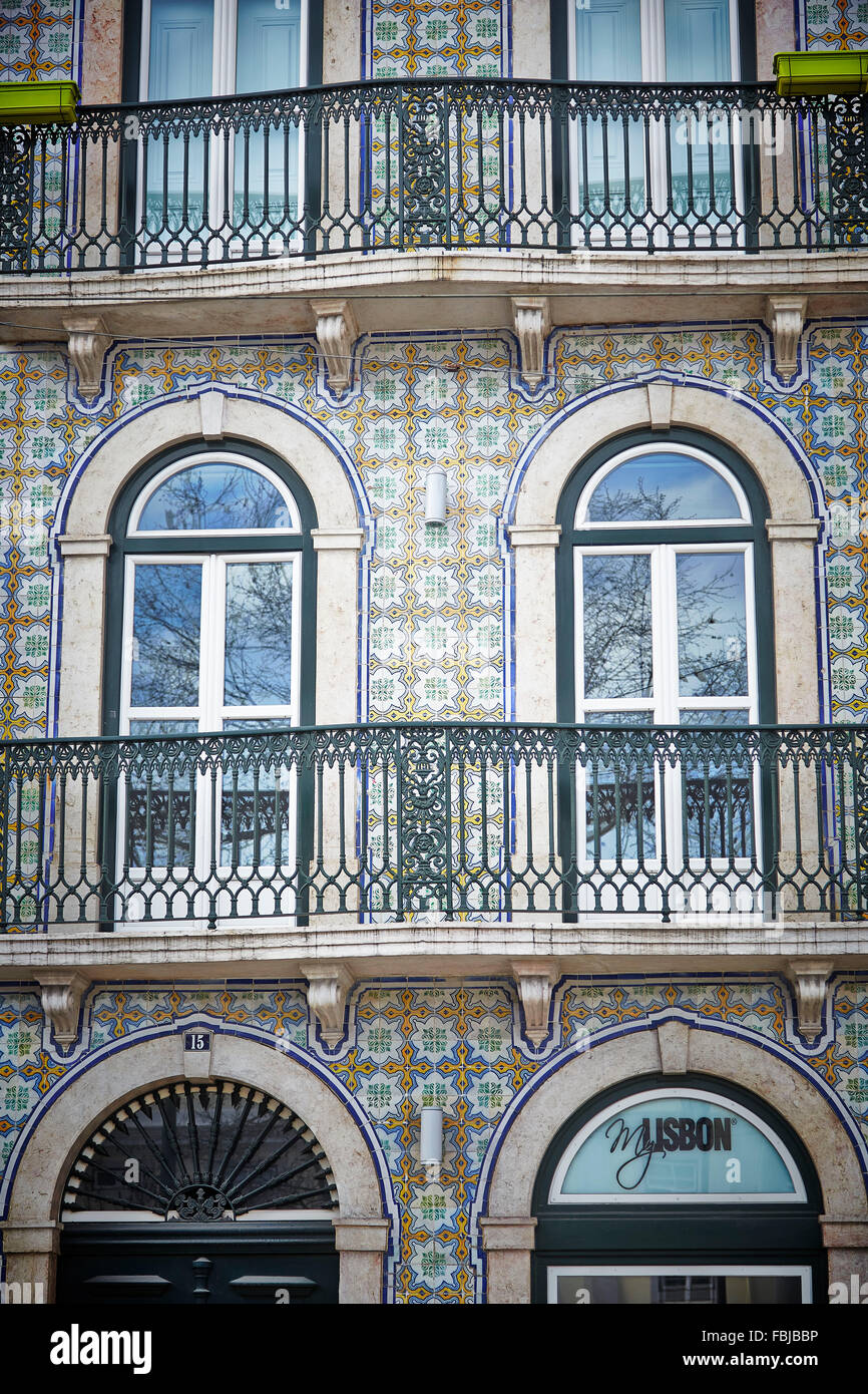 Fassade des Hauses, Keramik Fliesen, gemustert, Nahaufnahme, Lissabon, Portugal Stockfoto