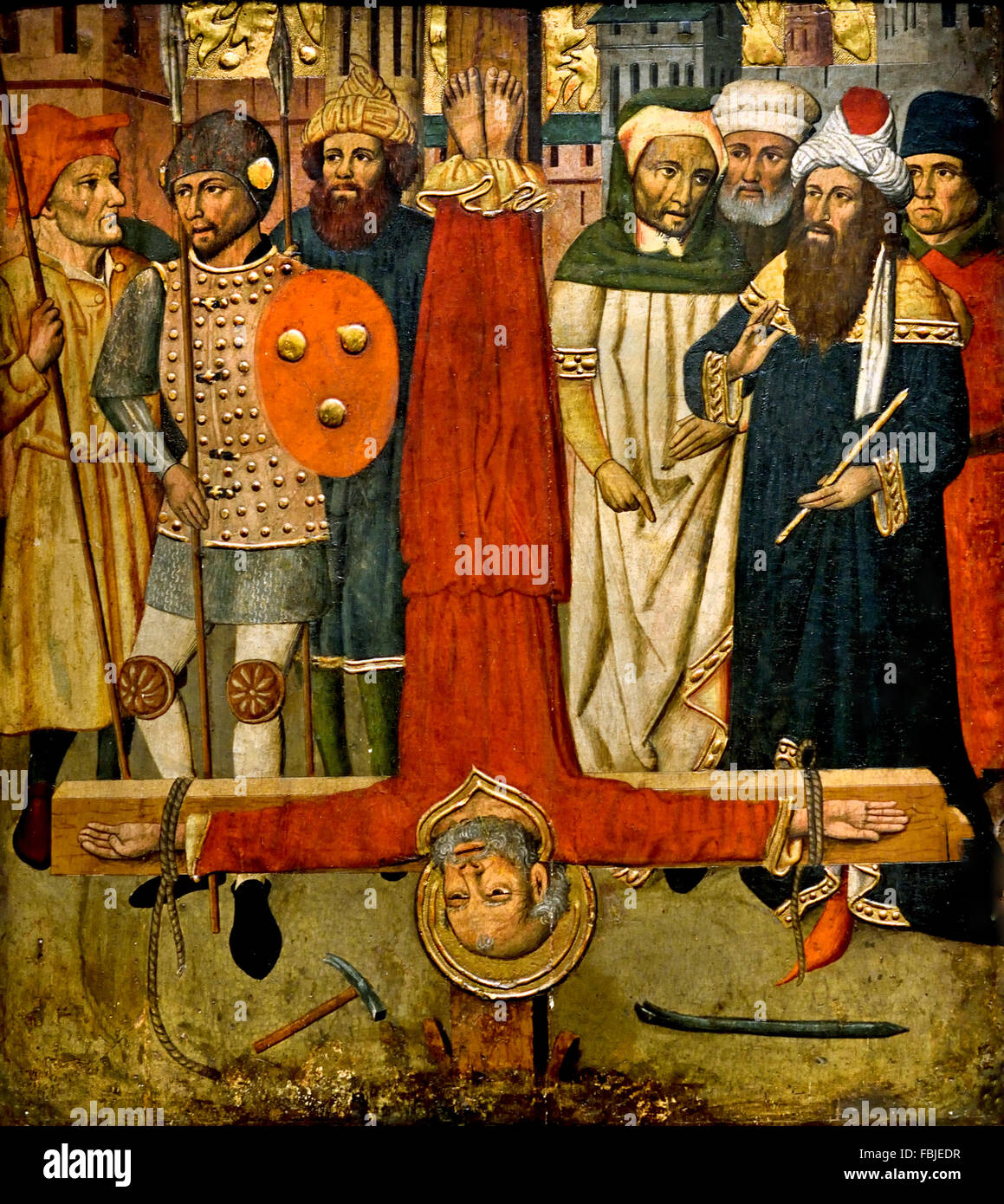 Die Kreuzigung des Heiligen St. Peter von Jaume Huguet (1412 – 1492) Spanien spanische mittelalterliche gotische Kunst Stockfoto