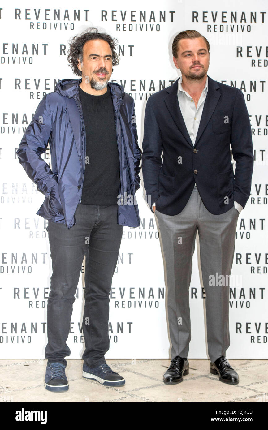 Alejandro Gonzalez Und Leonardo DiCaprio Inarritu Beim Photocall Zum Kinofilm "Revenant - Redivivo / The Revenant - Der Rückkehrer" Im Hotel St. Regis. Rom, 16.01.2016 Stockfoto