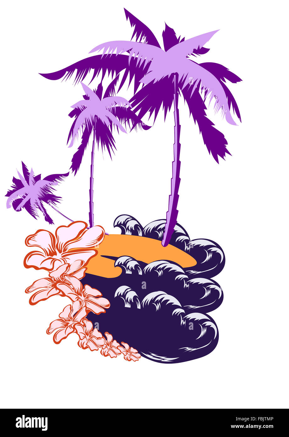 Die unbewohnte Insel wird von den Wellen des Ozeans umspült. Auf der Insel der Palmen und Blumen Stockfoto