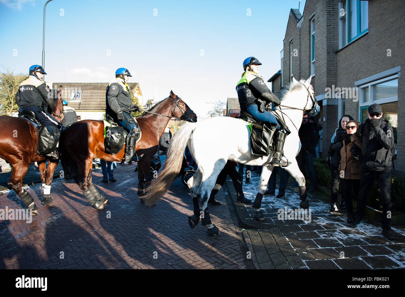 Apeldoorn, Niederlande. 17. Januar 2016. Pegida Nederland Protest in Apeldoorn (Niederlande). Anti-Islamismus Pegida hat Sonntagnachmittag in Apeldoorn rund um die Beekpark gezeigt. Die Demonstration war relativ ruhig, nur vier Personen wurden festgenommen. Die Bewegung gegen die Anti-Fascist Action (AFA) von Friesland nahm auch die Straßen von Apeldoorn. Bildnachweis: Romy Arroyo Fernandez/Alamy Live-Nachrichten. Stockfoto