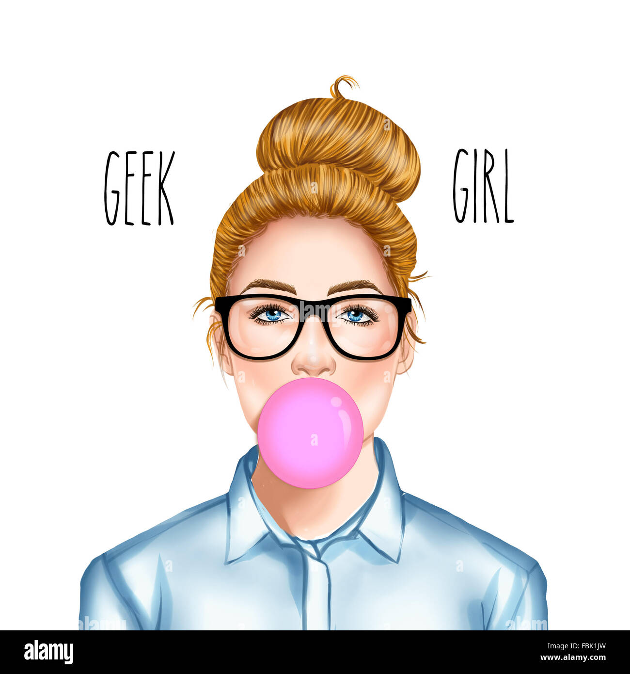 Handgezeichnete Raster Illustration - Mode-Illustration von schöne junge hübsche Mädchen mit Brille Kaugummi kauen Stockfoto
