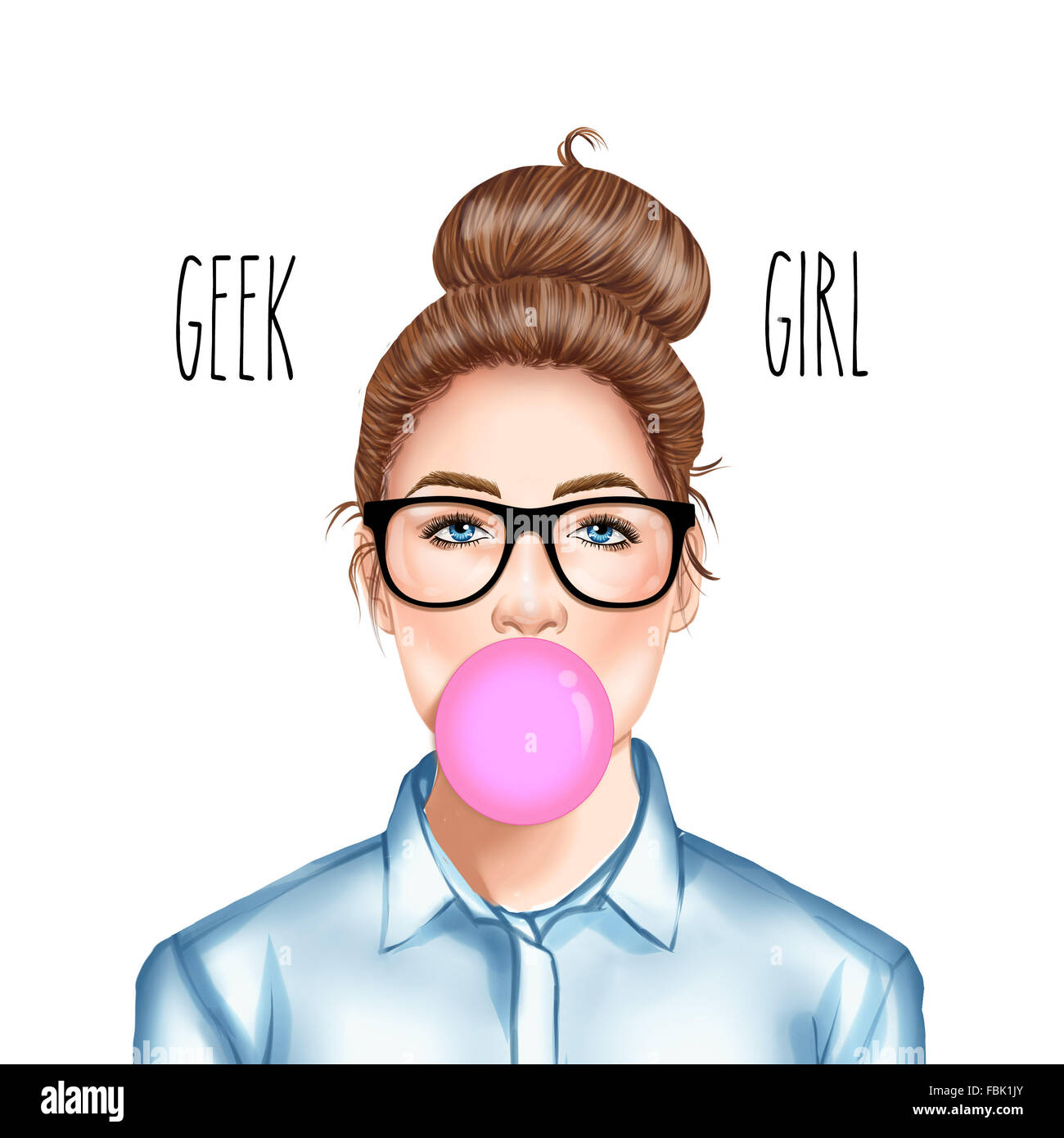 Illustration der schöne junge hübsche Mädchen mit Brille Kaugummi kauen Stockfoto