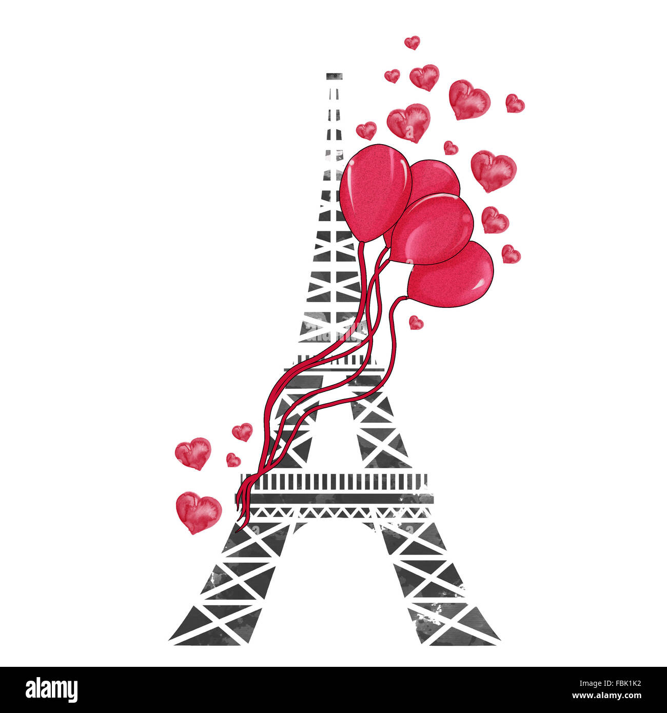 Eiffelturm mit Ballons, Lippenstift Marken und Herzen Stockfoto