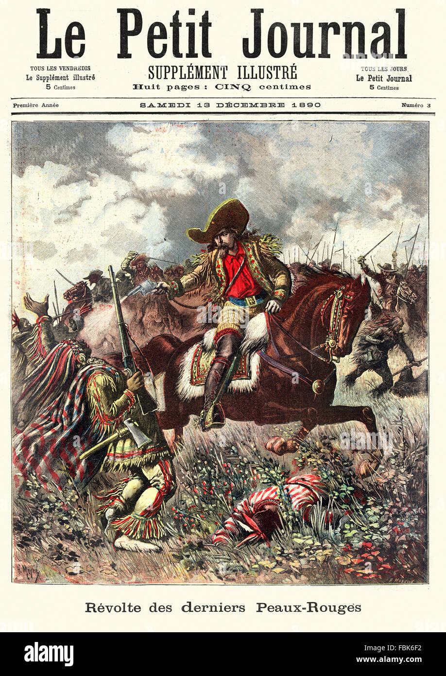 Vintage Gravur der Revolte der letzten Indianer. Buffalo Bill Cody Indianer angreifen. Stockfoto