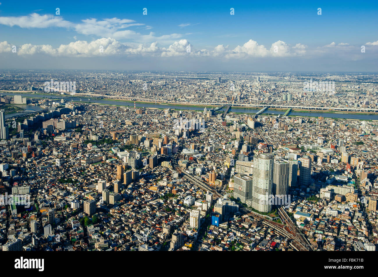 Die Vogelperspektive eines Teils des Tokyo Megacity aus Tokyo Sky Tree am Nachmittag in Tokio, Japan. Stockfoto