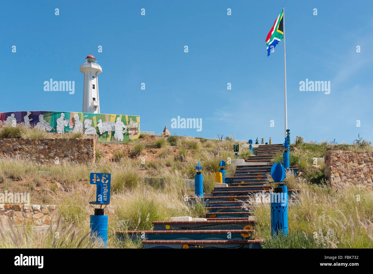 Schritte, um die Donkin Reserve und den Leuchtturm, Port Elizabeth, Nelson Mandela Bay Municipality, Ostkap, Südafrika Stockfoto