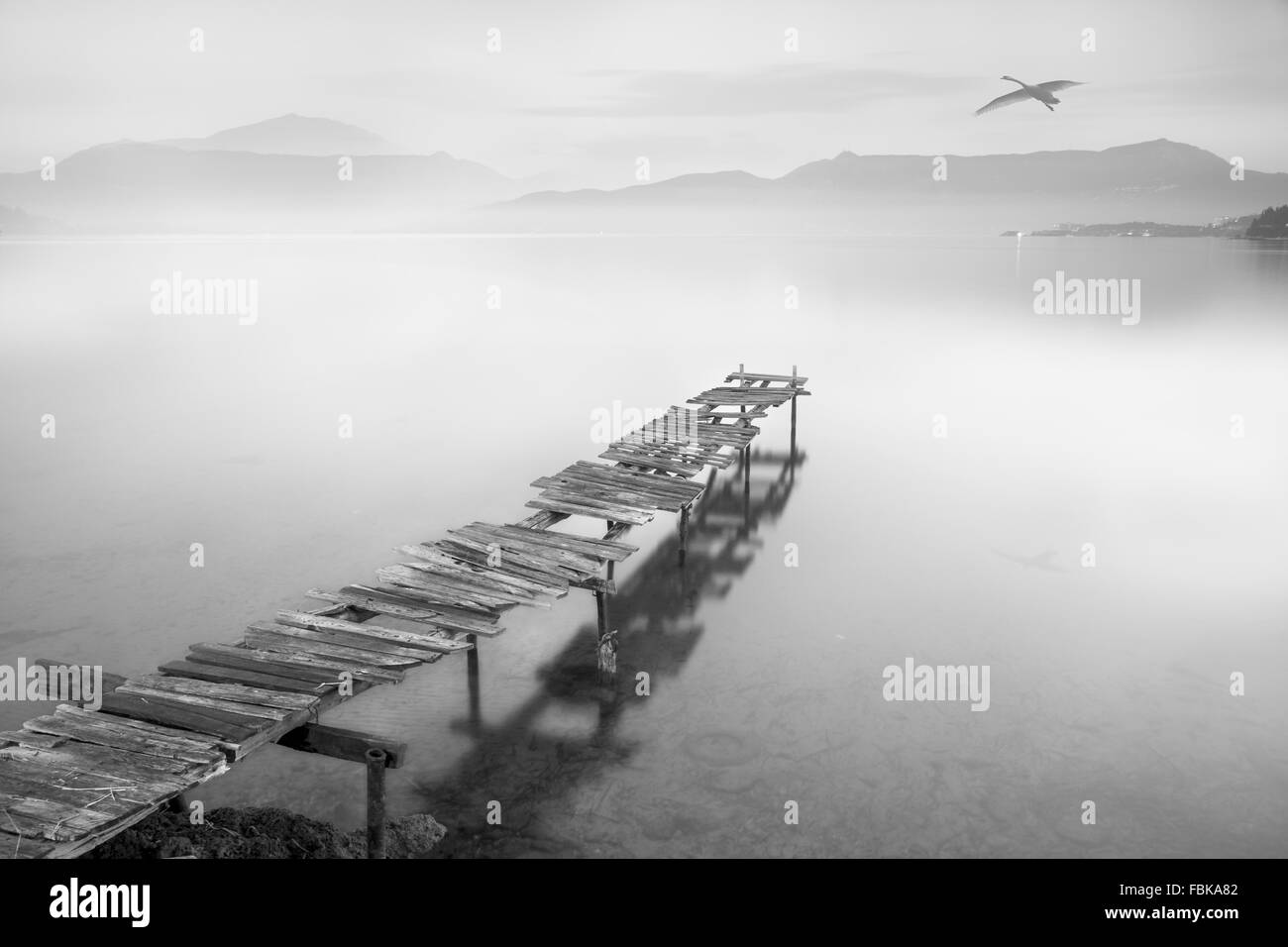 Ein Vogel fliegt kostenlos über einen See oder das Meer mit einem sehr rustikalen Badesteg. Stockfoto