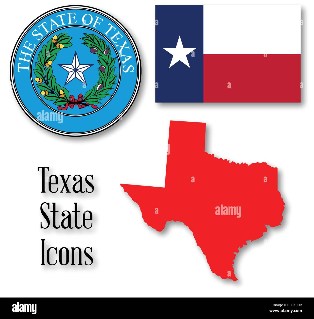 Das Siegel der Vereinigten Staaten von Amerika Staat TEXAS mit Silhouette Karte und Flagge isoliert auf einem weißen Hintergrund. Stock Vektor