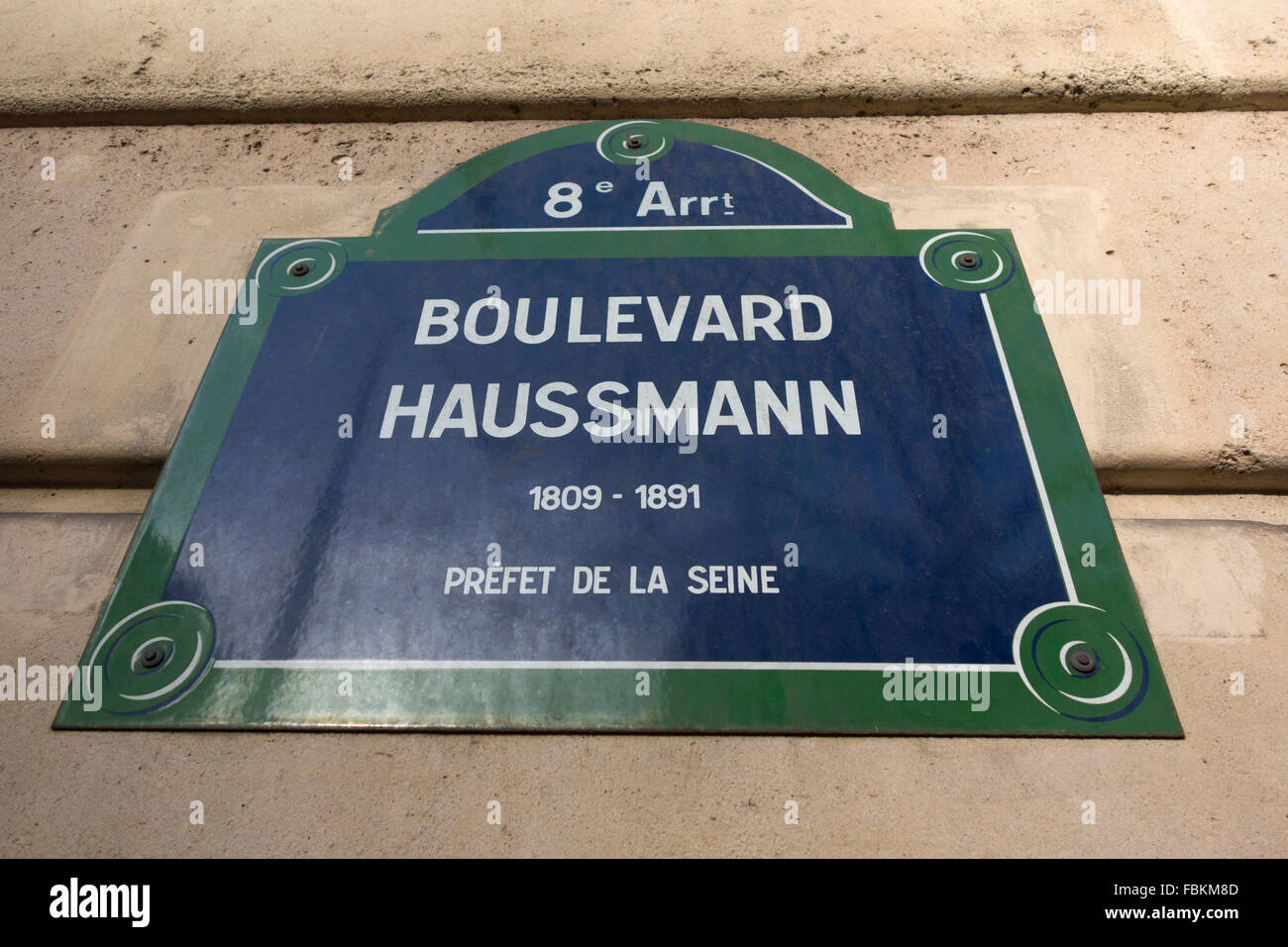 Boulevard Haussmann Straßenschild, Paris, Frankreich Stockfoto