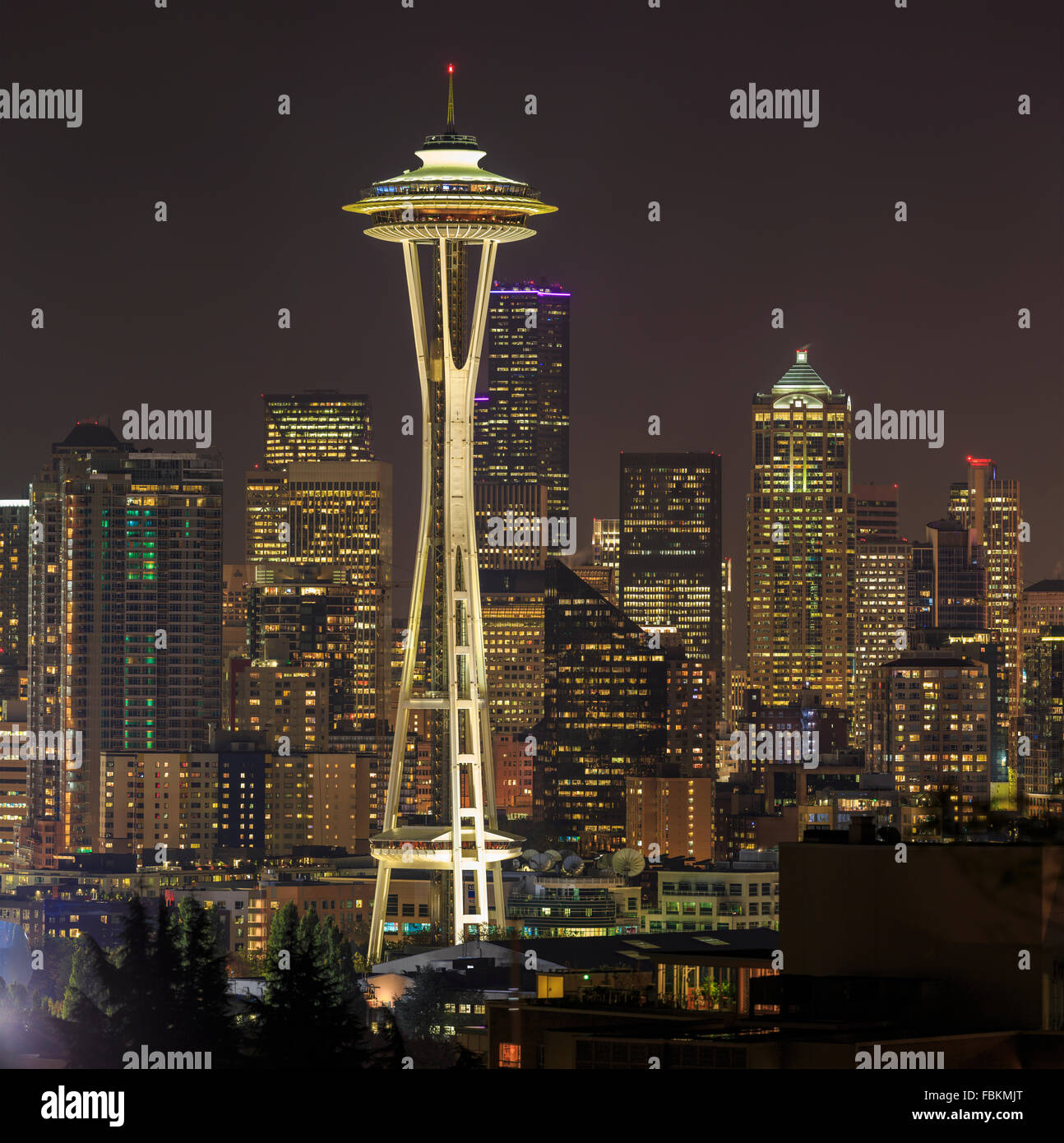 Nadel, Raum, Skyline, Seattle, Washington, Innenstadt, Stadt, Nacht, Architektur, Usa, Park, Blick, Himmel, urban, Kerry, modern, Stockfoto