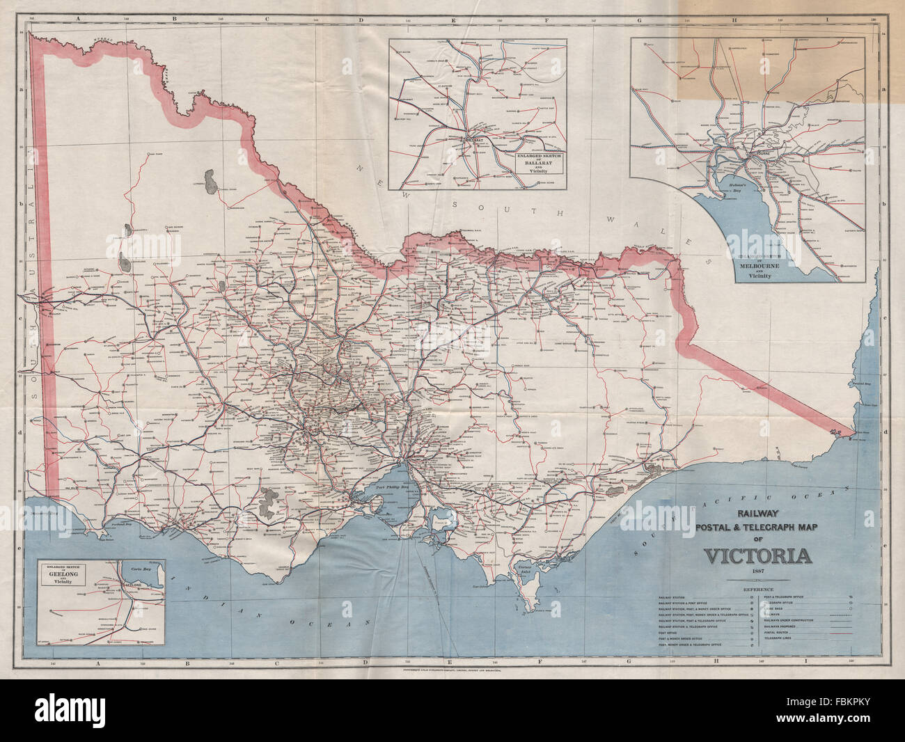 VICTORIA, Australien. Bahn Post Telegraph leitet Büros 1887. GARRAN, 1888 Karte Stockfoto