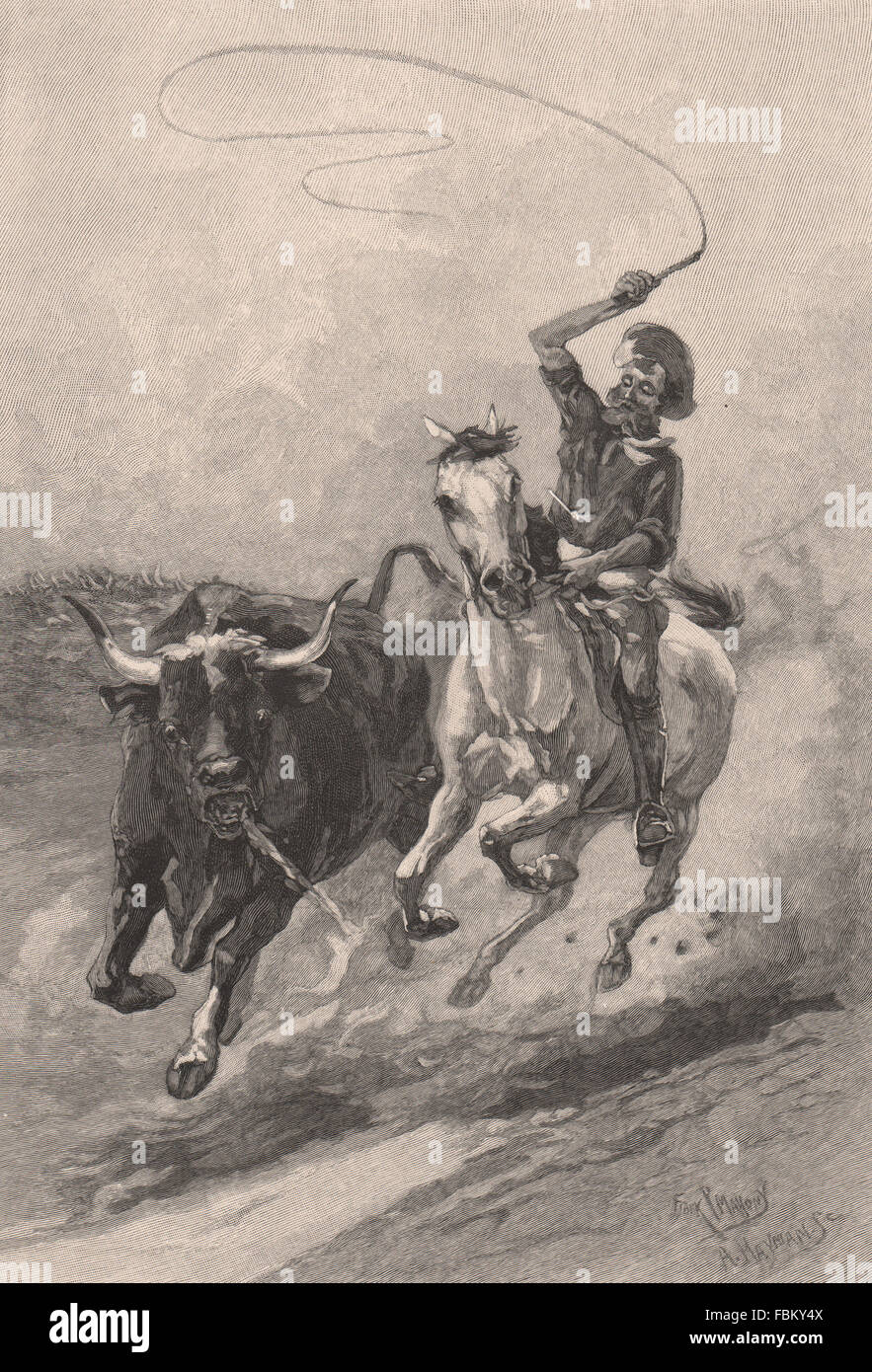 Ein Nachzügler auf einem Vieh-Run aufrunden. QUEENSLAND. Australien, alte print 1888 Stockfoto